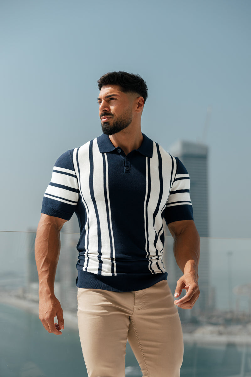 Father Sons Classic Navy / Off White Knitted Vertical Stripe Polo Short Sleeve - FSN105