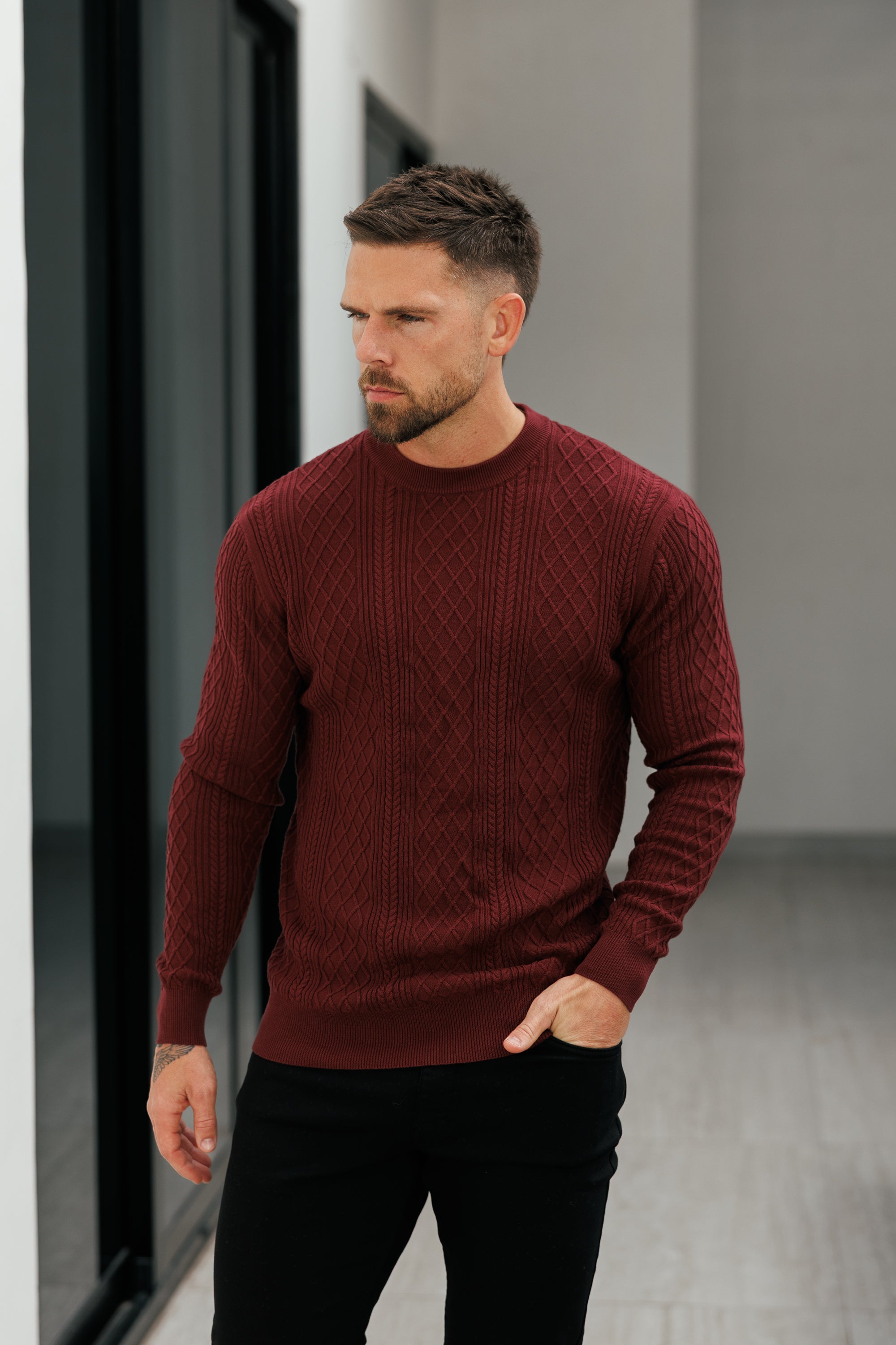 Fine Knit Diamond Burgundy Jumper Long Sleeve  -  FSA008