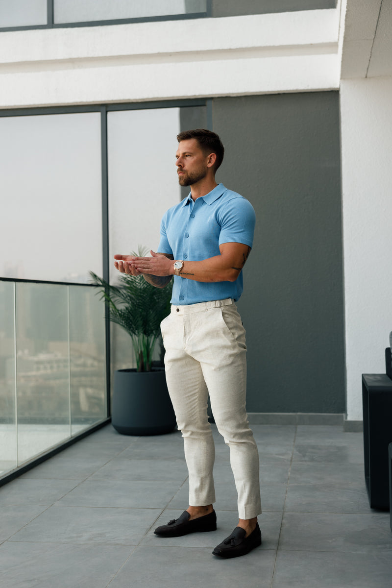 Father Sons Classic Plain Light Blue Knitted Button Through Polo Short Sleeve - FSN161