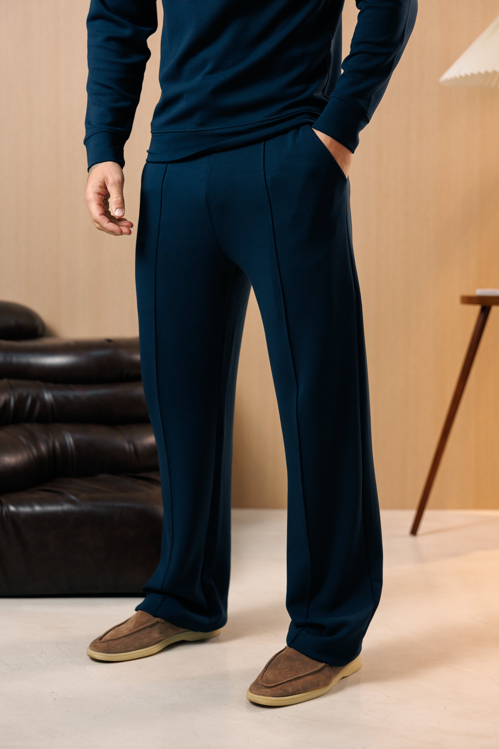 Navy Wide Leg Relaxed Pintuck Modal Trousers With Drawstring Waistband - FSR117