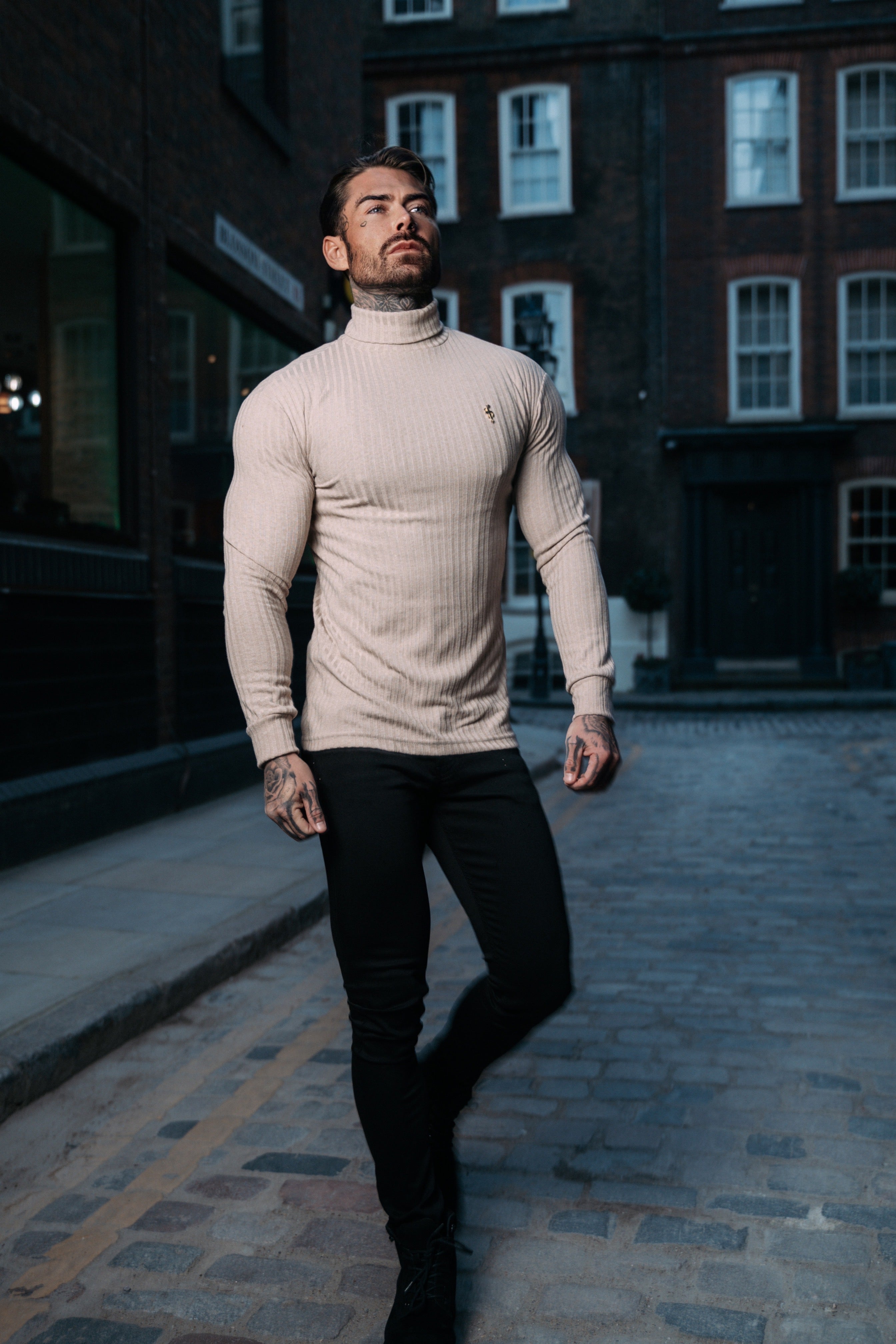 Classic Beige / Gold Ribbed Knit Roll-neck Jumper - FSH960