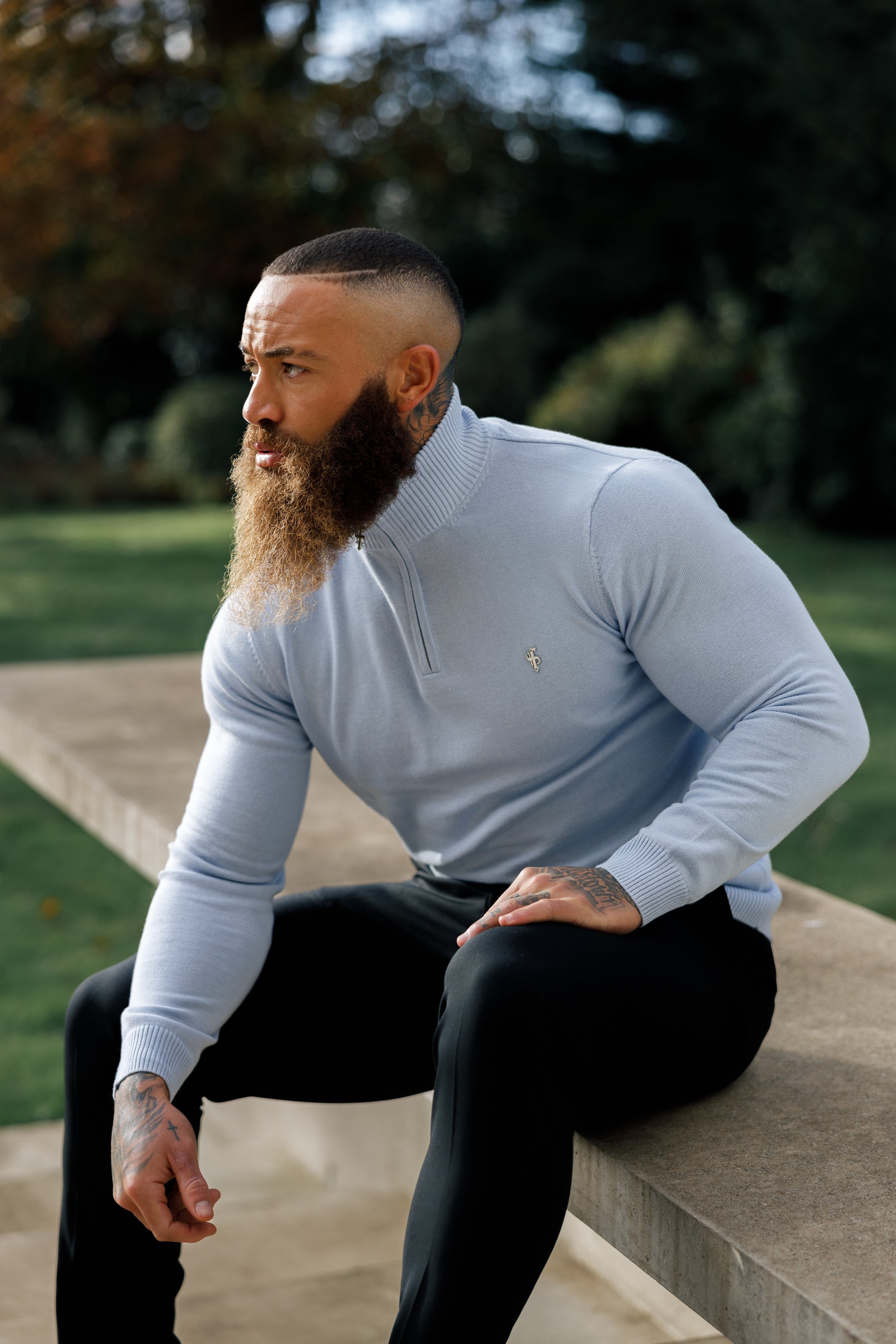 Light Blue Funnel Neck 1/2 Zip Knitted Jumper - FSN119