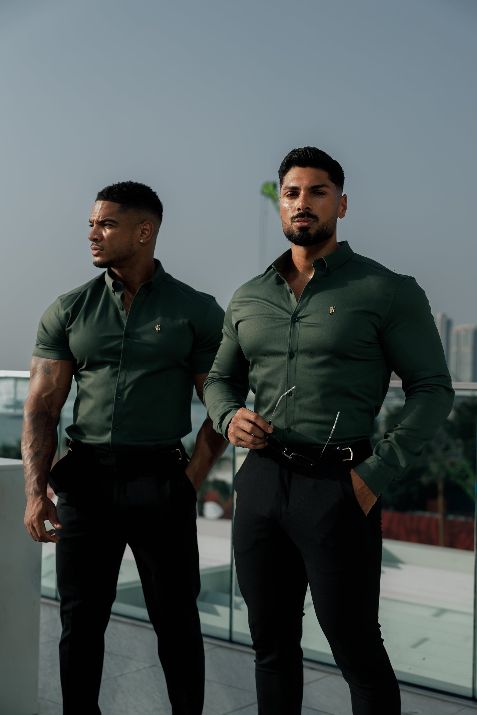 Super Slim Stretch Khaki Denim Short Sleeve with Gold Metal Decal and Button Down Collar - FS1043