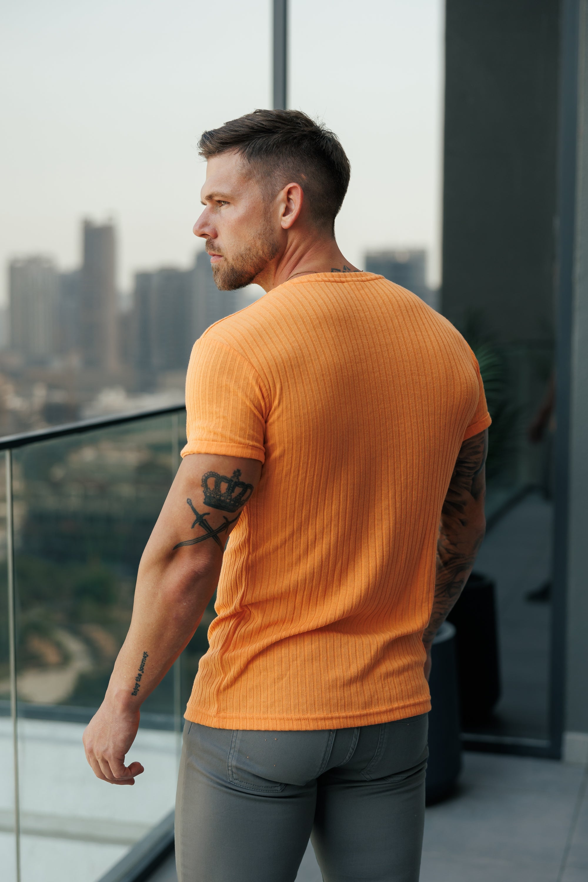 Classic Orange Ribbed Knit Super Slim Short Sleeve Crew - FSH1163