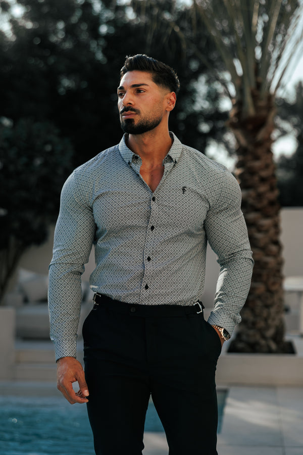 Father Sons Super Slim Stretch Black / White Diamond Print Long Sleeve with Button Down Collar - FS1226