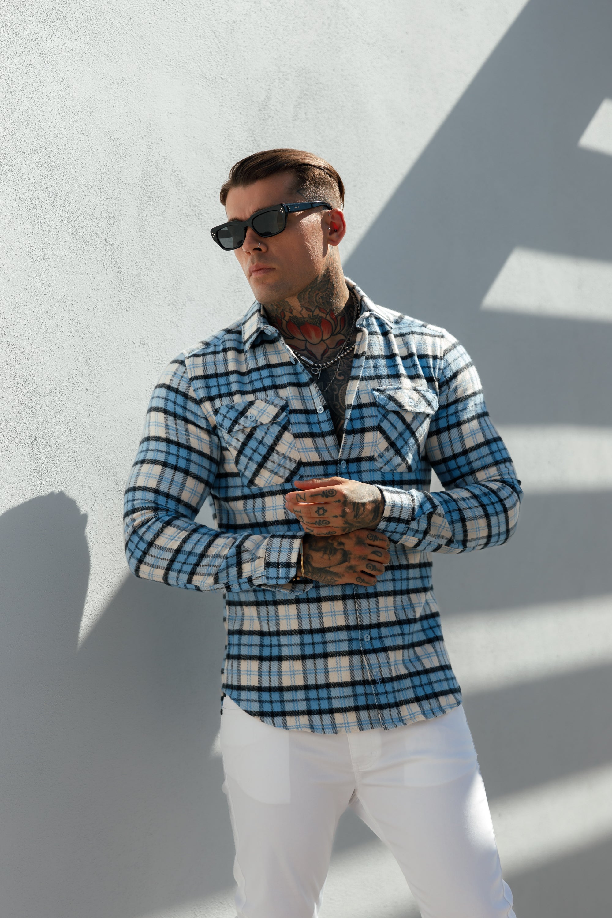 Light Blue Check Shacket With Double Pockets - FS1072