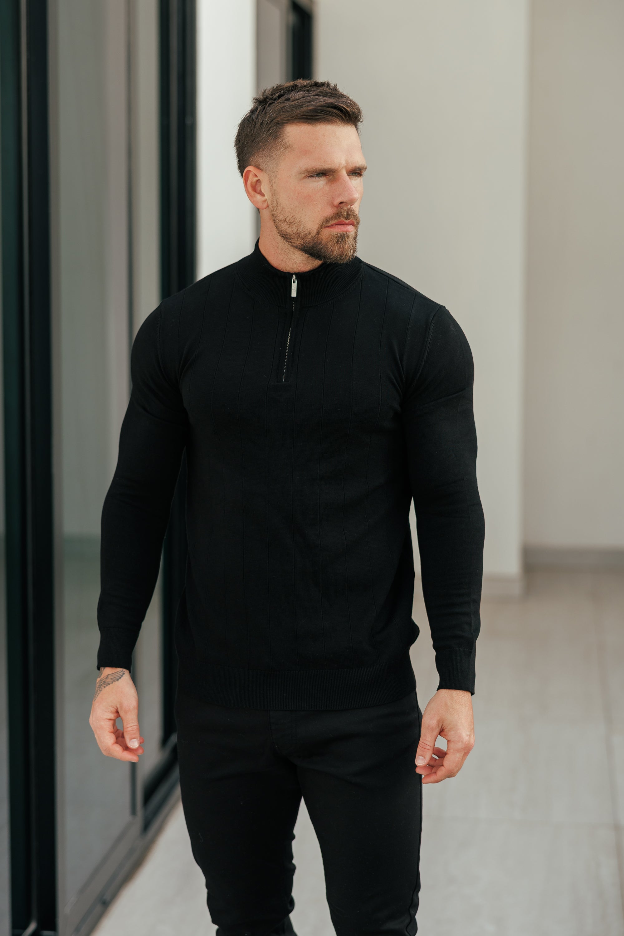 Self Stripe 1/4 Zip Funnel Neck Knit Jumper Black Long Sleeve  -  FSR050