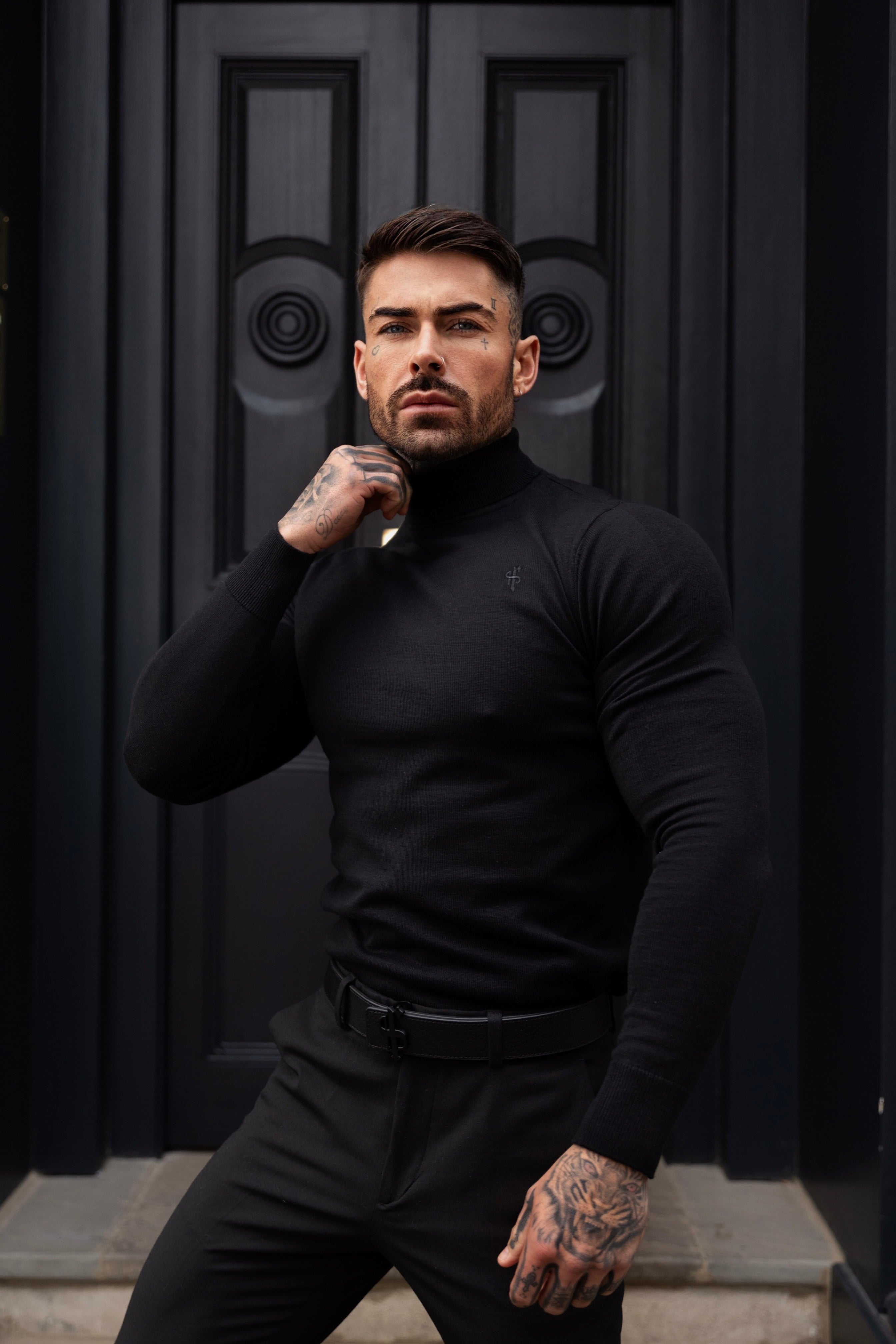 Classic Black Roll Neck Knitted Jumper With Tonal Emblem - FSN135