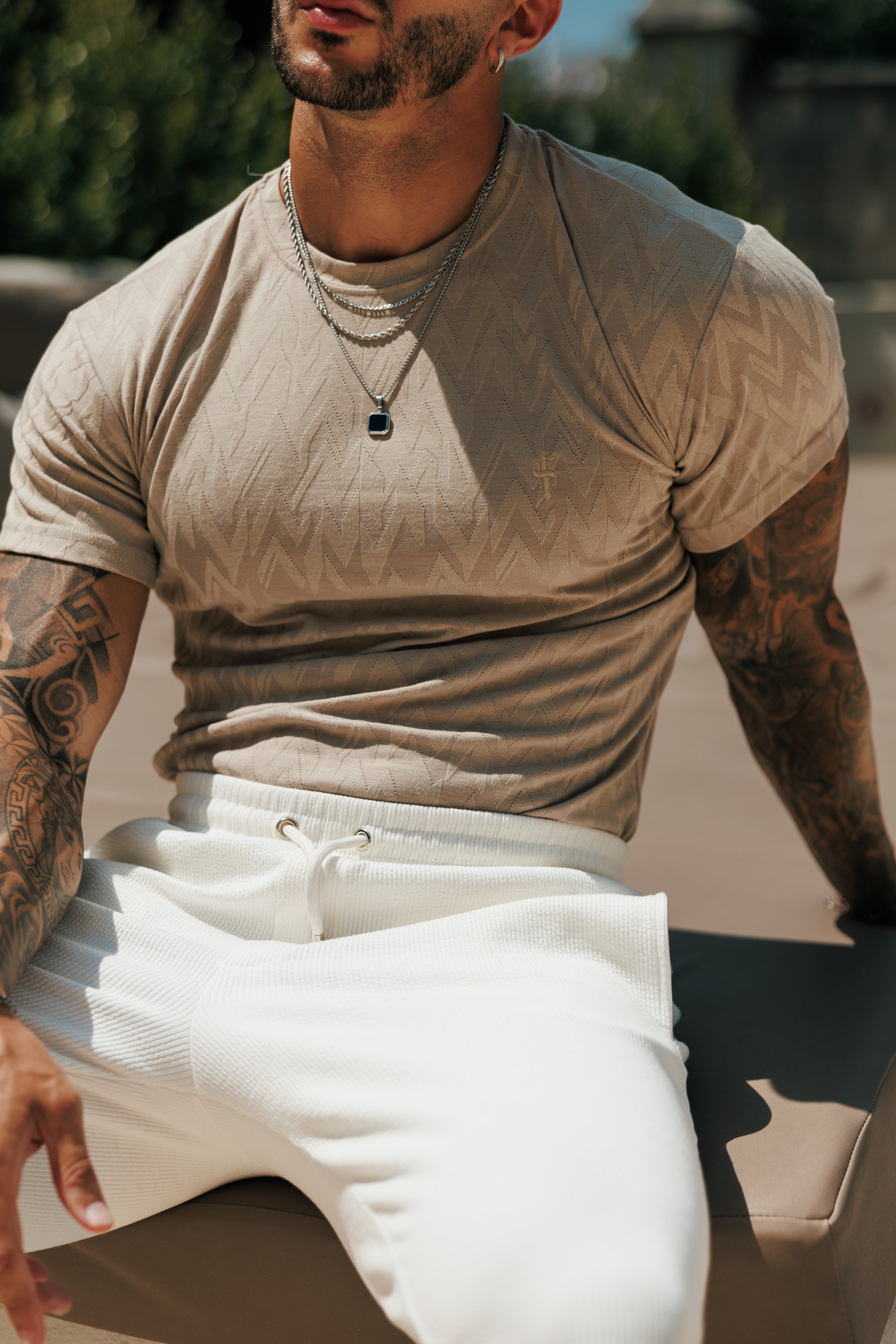 Regular Fit Jacquard Light Beige Chevron T-Shirt - FSR067