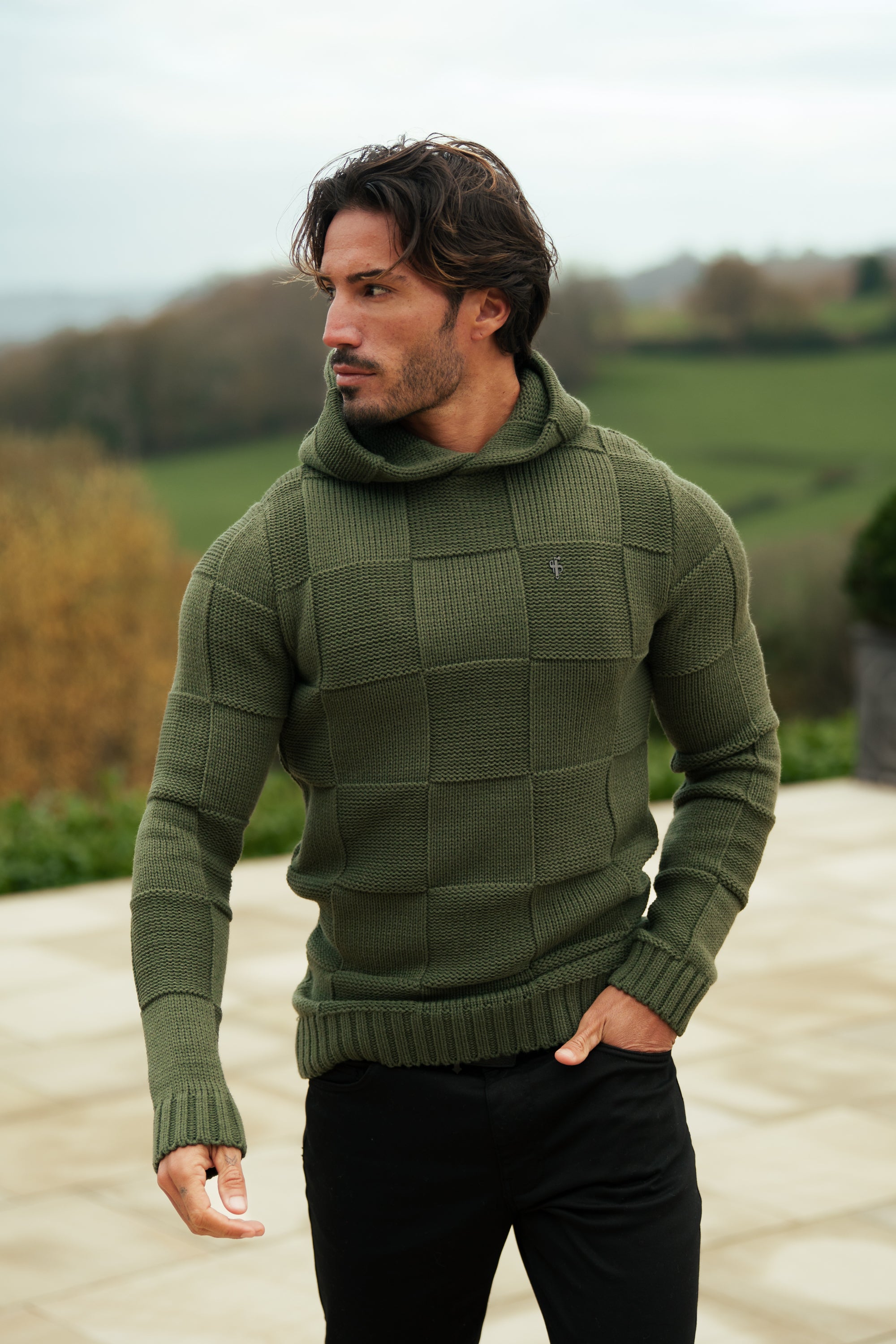 Olive Checkerboard Knitted Hoodie - FSJ137