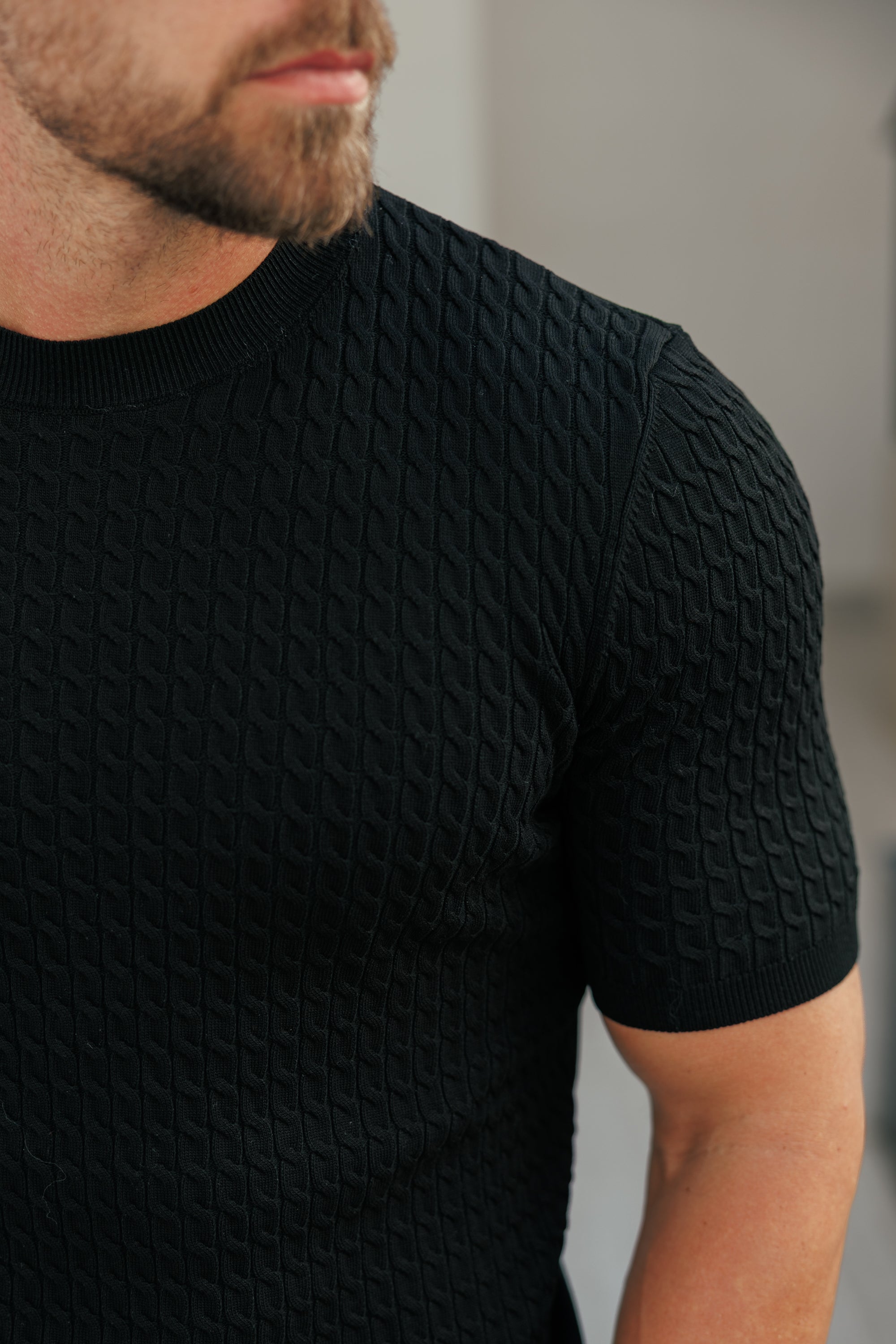 Front Chain Knit Crew Tshirt Black Short Sleeve  -  FSR055
