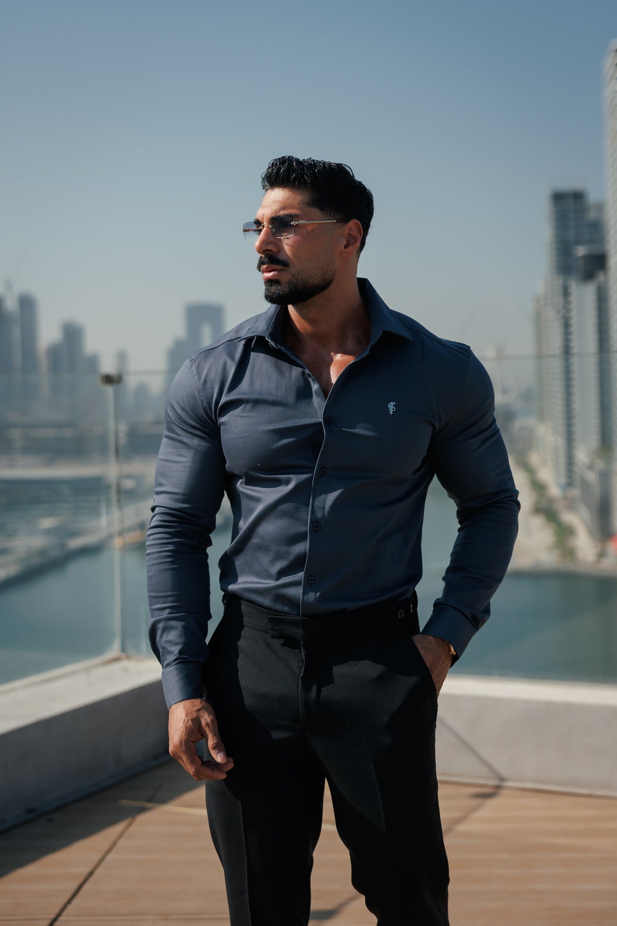 Super Slim Stretch Gunpowder Denim Long Sleeve with Silver Metal Decal and Cutaway Collar - FS1315