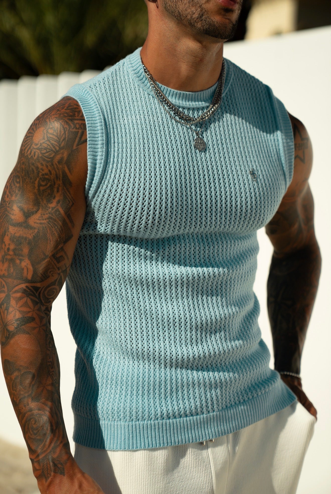 Bluebell / Silver Viscose Crochet Knitted Vest - FSJ166 (PRE ORDER 17TH JULY)