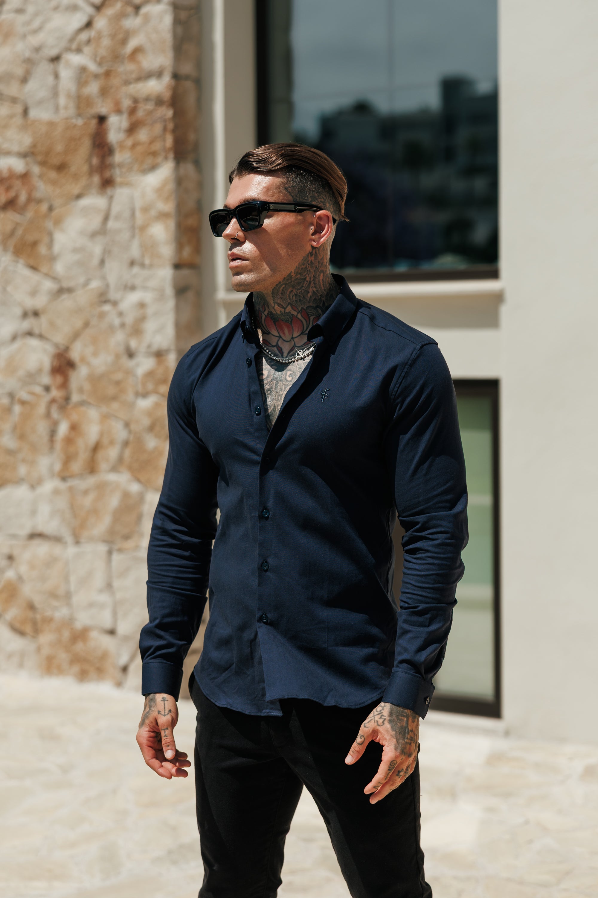 Classic Stretch Oxford Long Sleeve Navy with Button Down Collar - FS1230