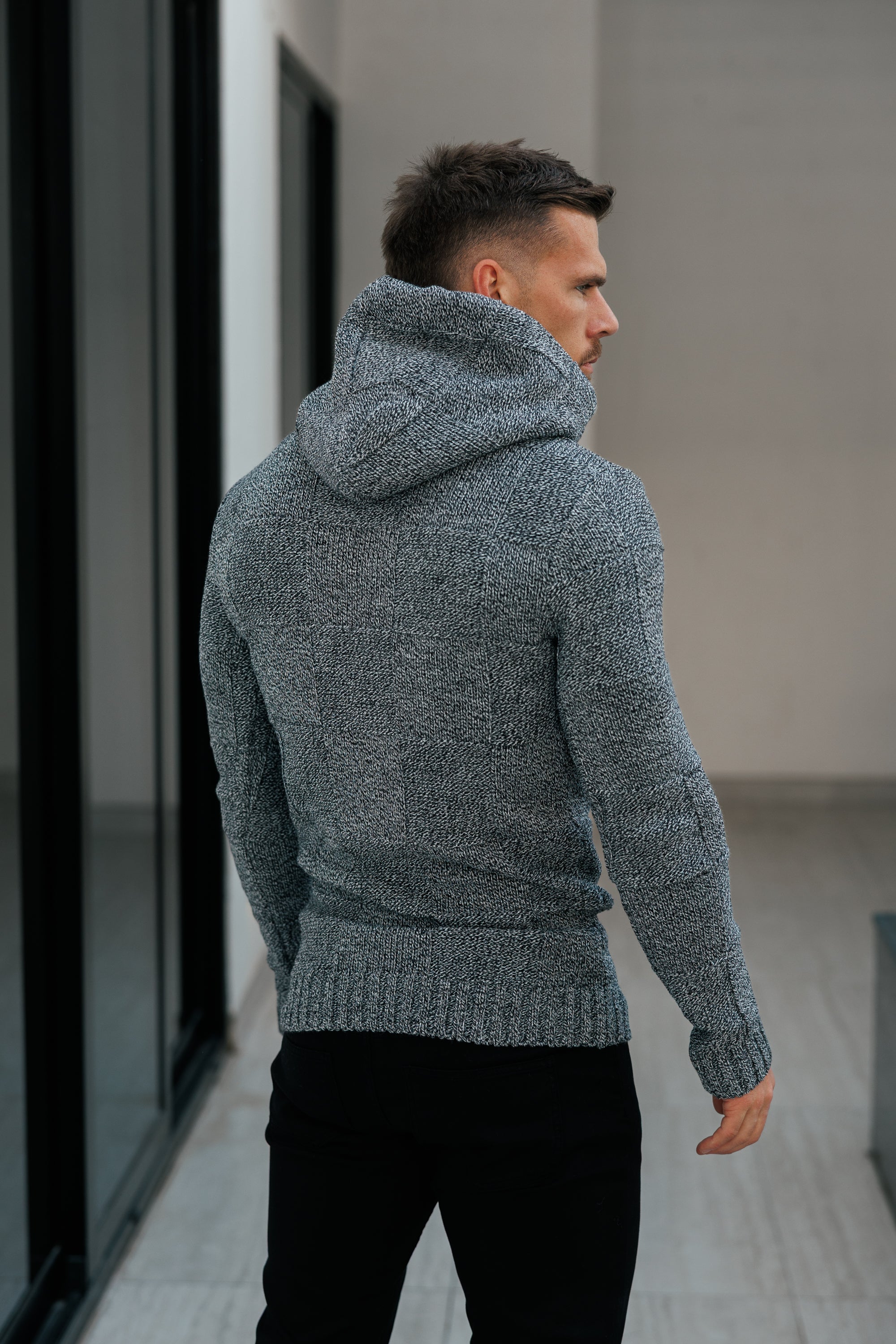 Black / White Two Tone Checkerboard Knitted Hoodie - FSJ134