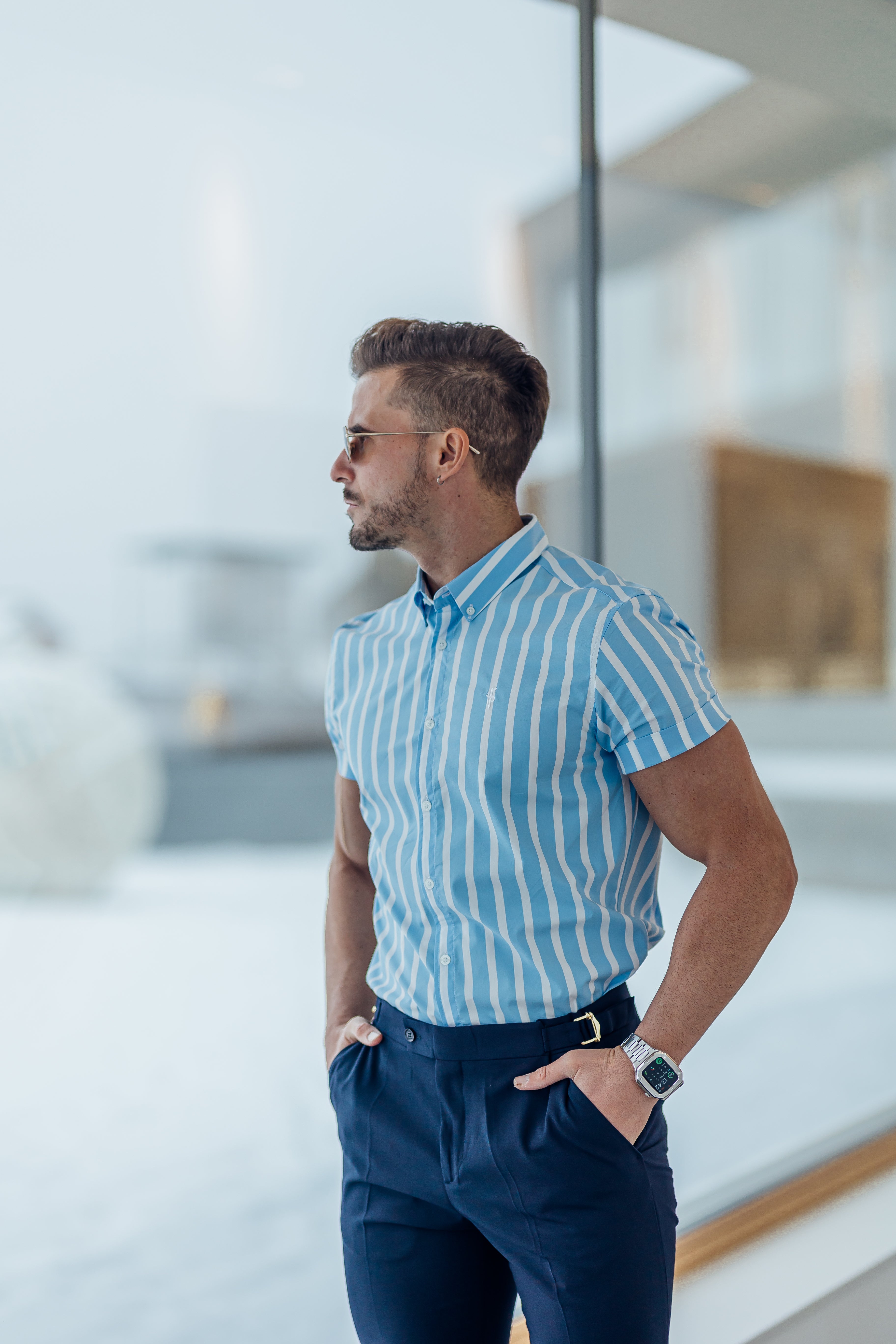 Classic Light Blue and White Deckchair Woven Stripe Short Sleeve - FS976