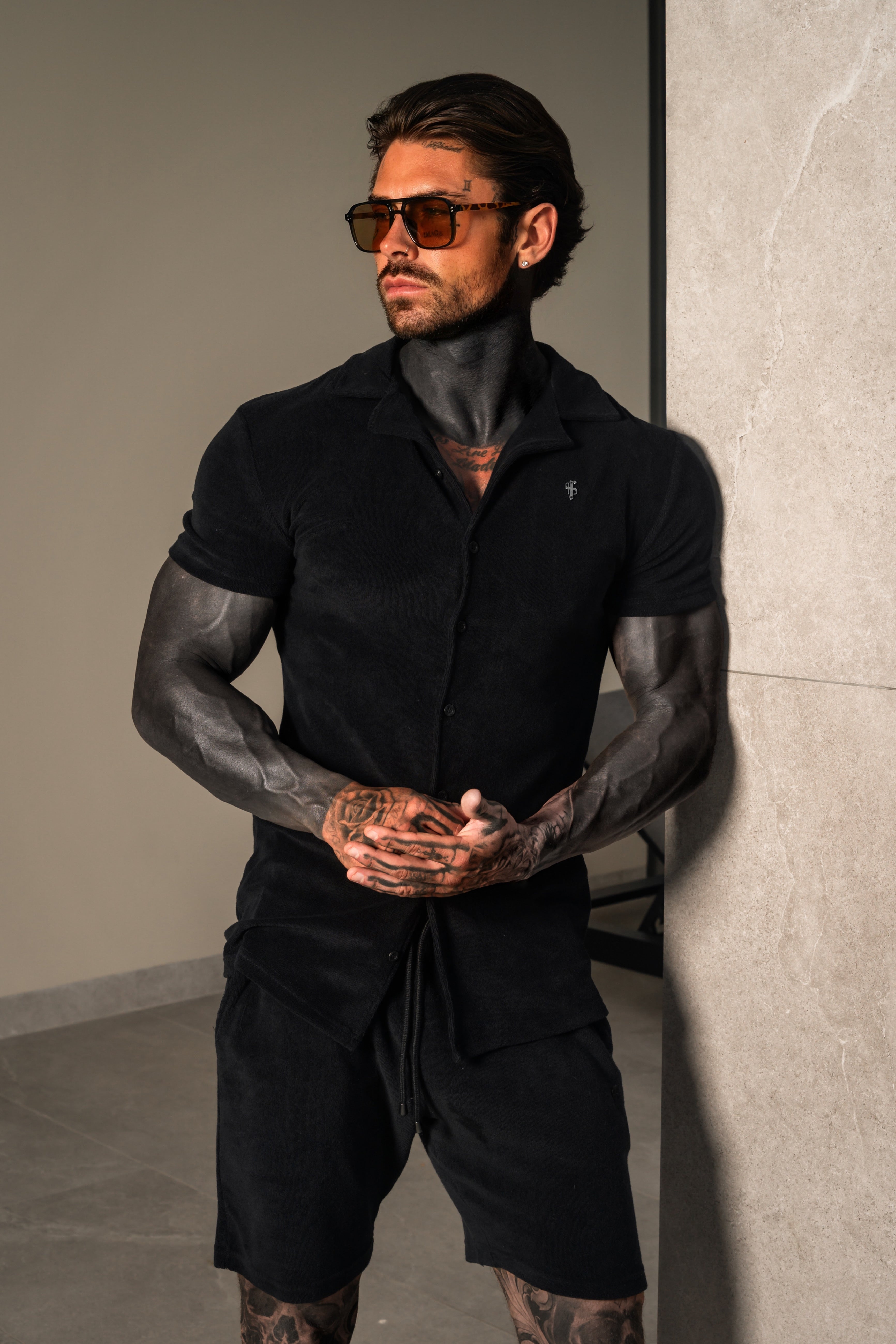 Black Towelling Revere Shirt Short Sleeve - FSH1493