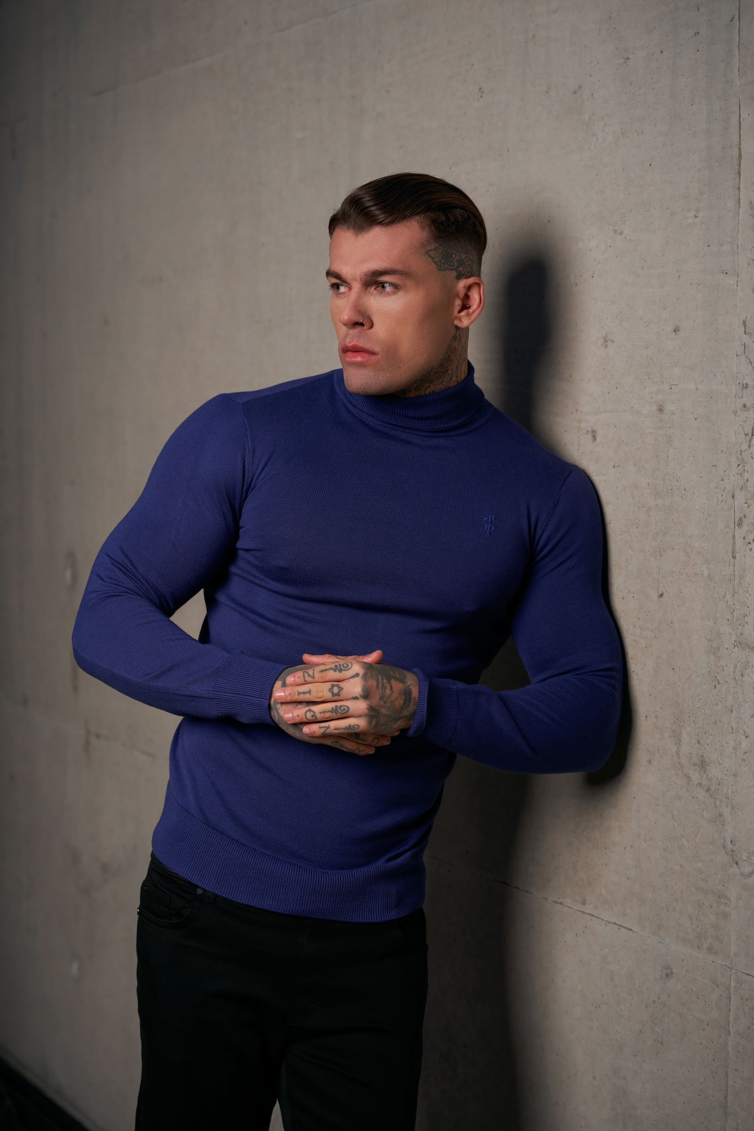 Classic Ocean Blue Roll Neck Knitted Jumper With Tonal Emblem - FSN136