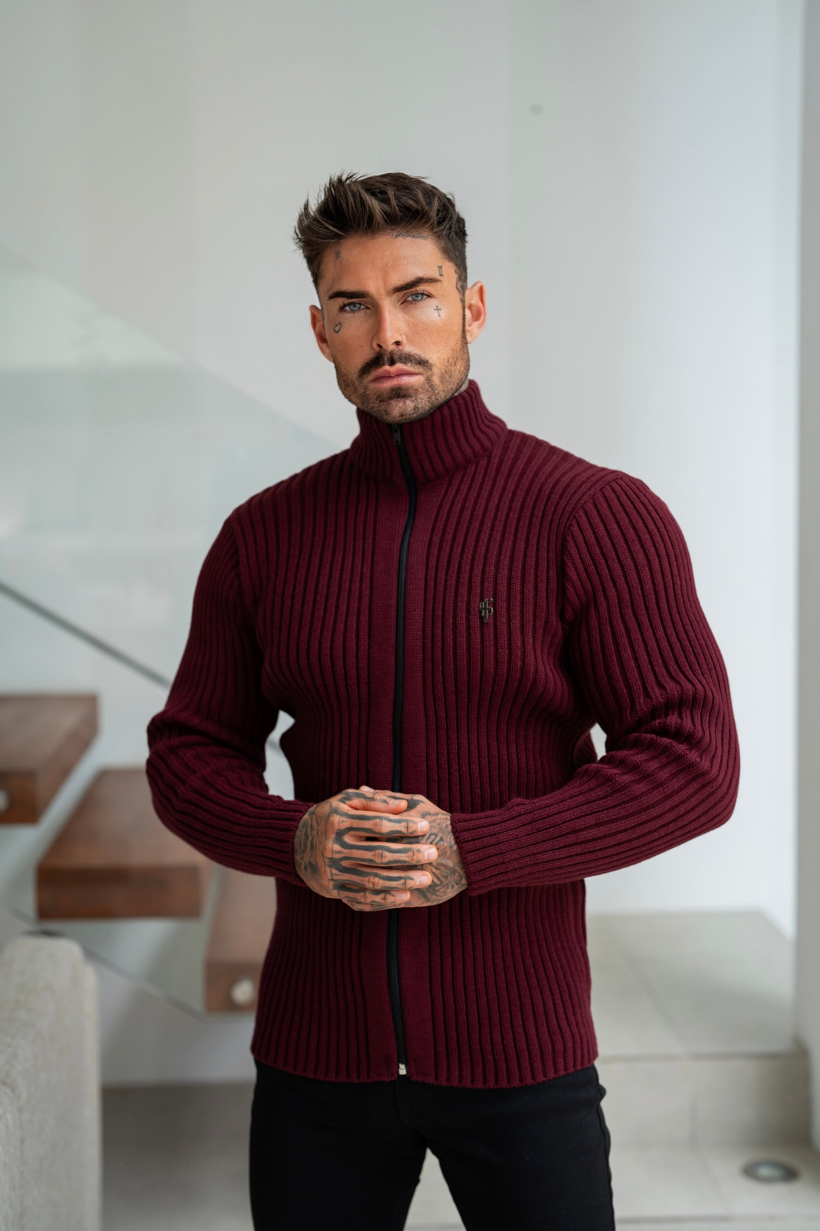 Chunky Burgundy Ribbed Zipped Cardigan - FSJ071