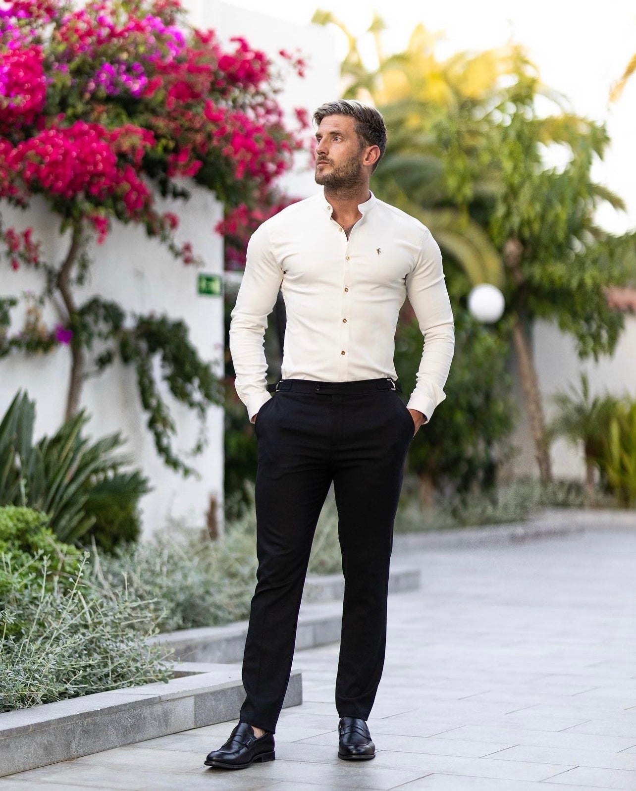 Super Slim Stretch Cream Denim Long Sleeve With Grandad Collar and Gold Metal Buttons and Decal  - FS970