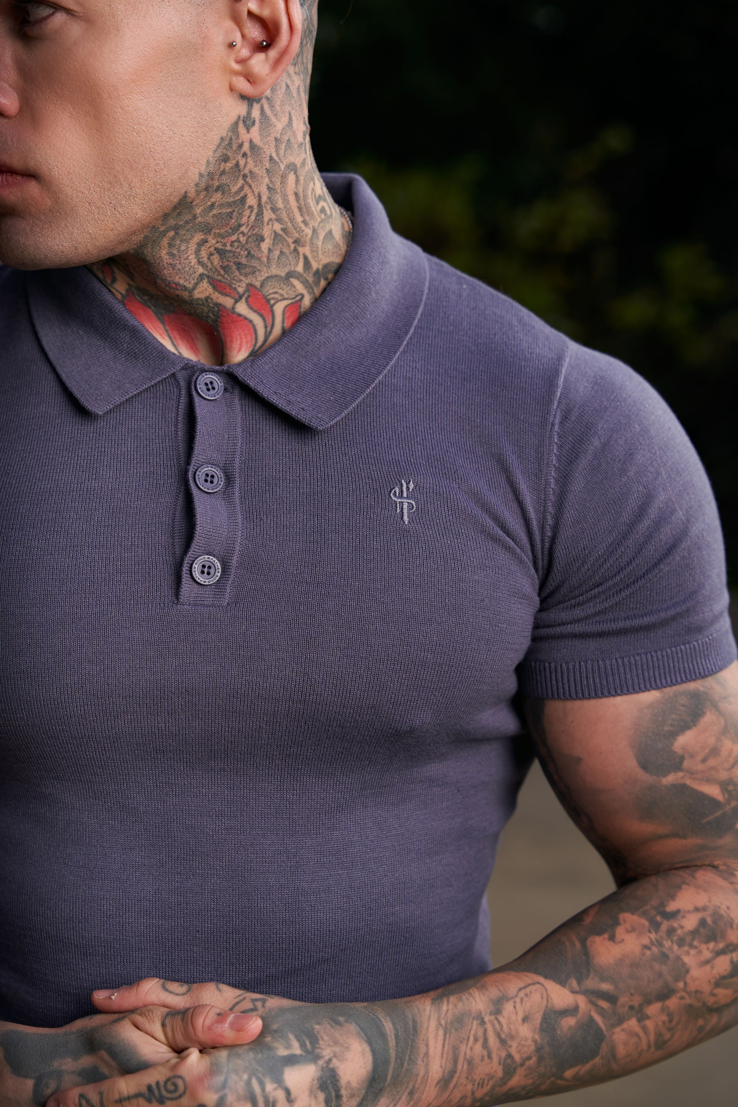 Classic Gunmetal Knitted Polo Jumper Short Sleeve With Tonal FS Embroidery- FSN145
