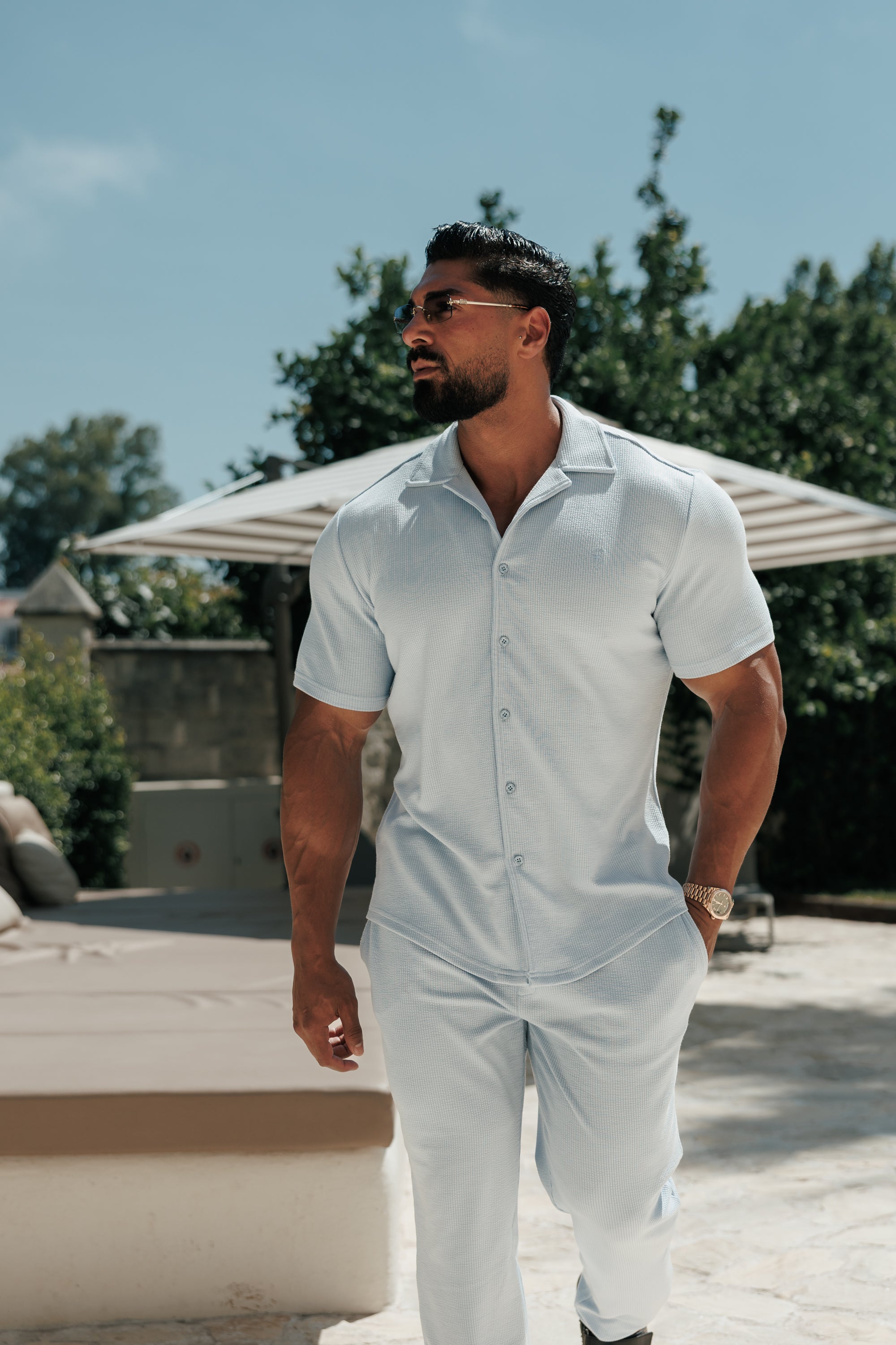 Jersey Cord Stretch Light Blue Revere Shirt Short Sleeve - FSR074 (PRE ORDER 18TH JULY)
