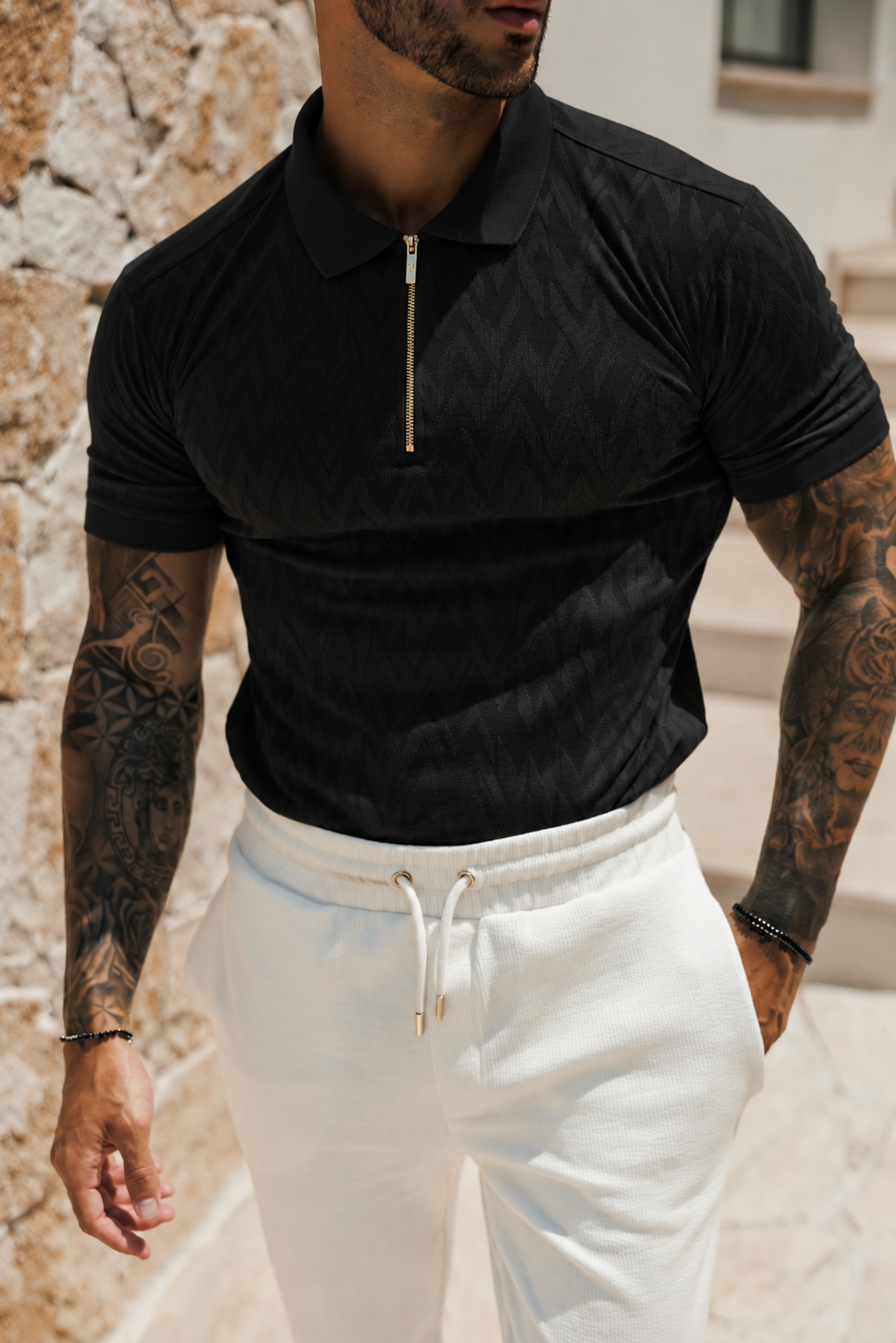 Classic Jacquard Black Chevron Zipped Polo - FSR019