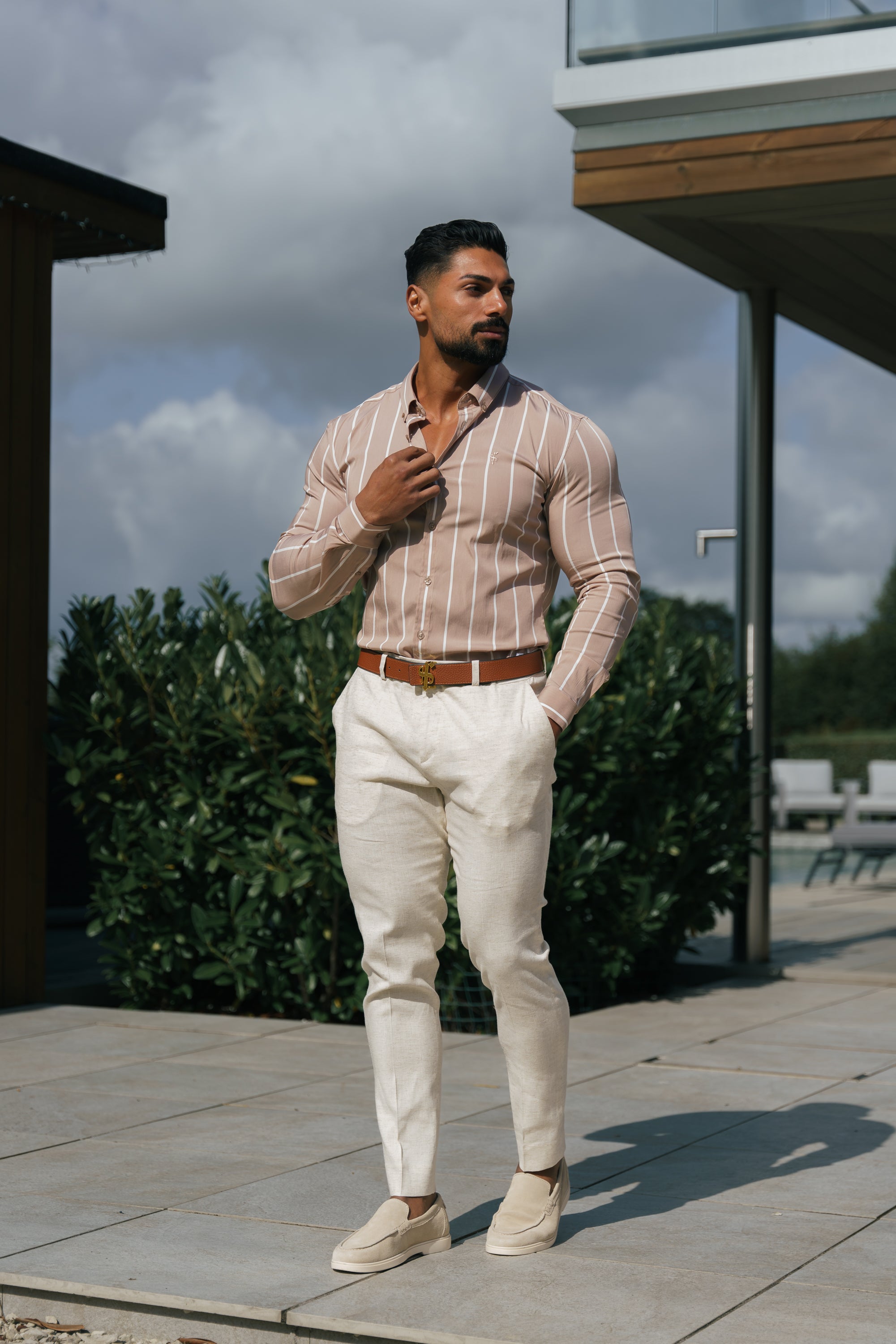 Super Slim Stretch Taupe Printed Wide Stripe Long Sleeve with Button Down Collar - FS1065