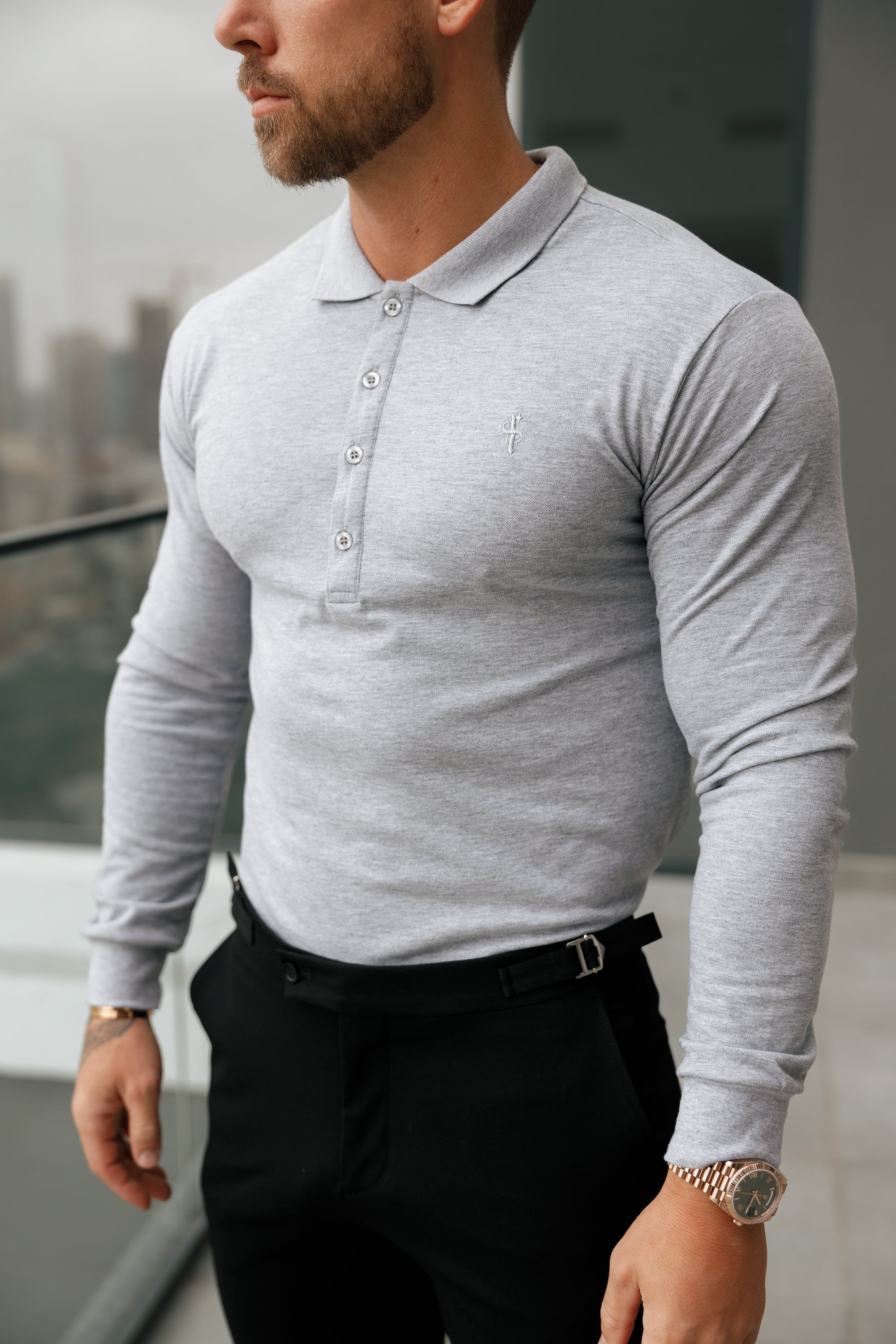 Classic Light Grey Tonal  Polo Long Sleeve Shirt - FSH859