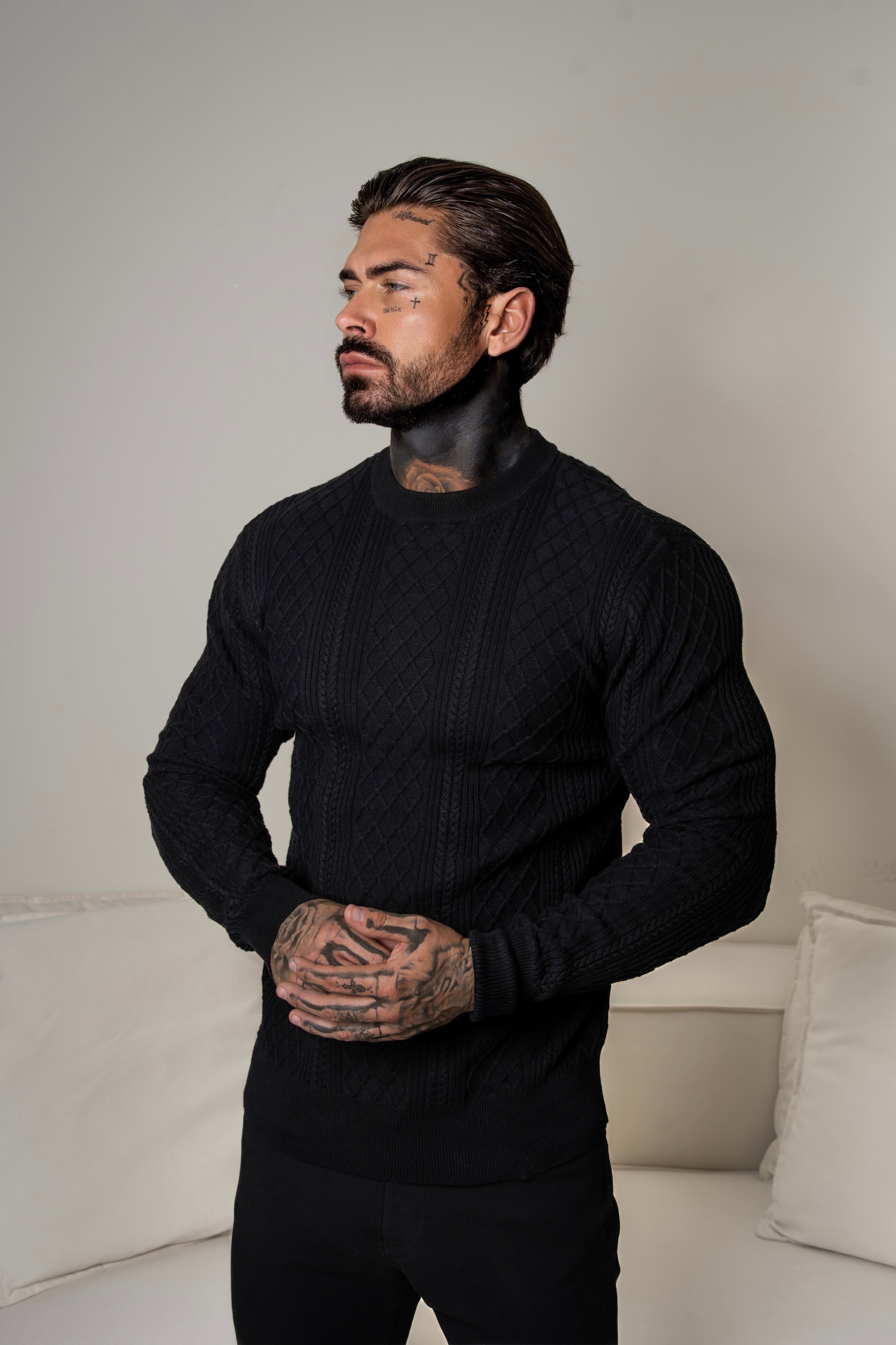 Fine Knit Diamond Black Jumper Long Sleeve  -  FSA006
