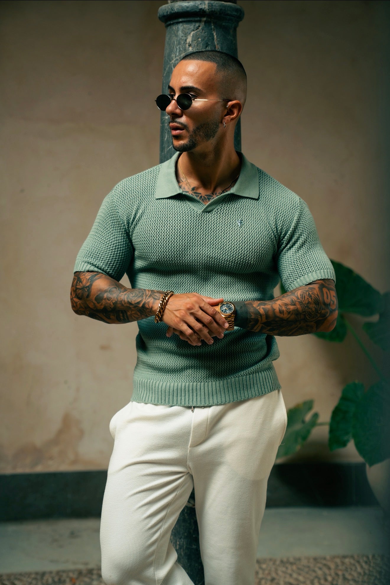 Light Green / Gold Plain Crochet Knitted Revere Short Sleeve Polo - FSJ180 (PRE ORDER 29TH AUGUST)