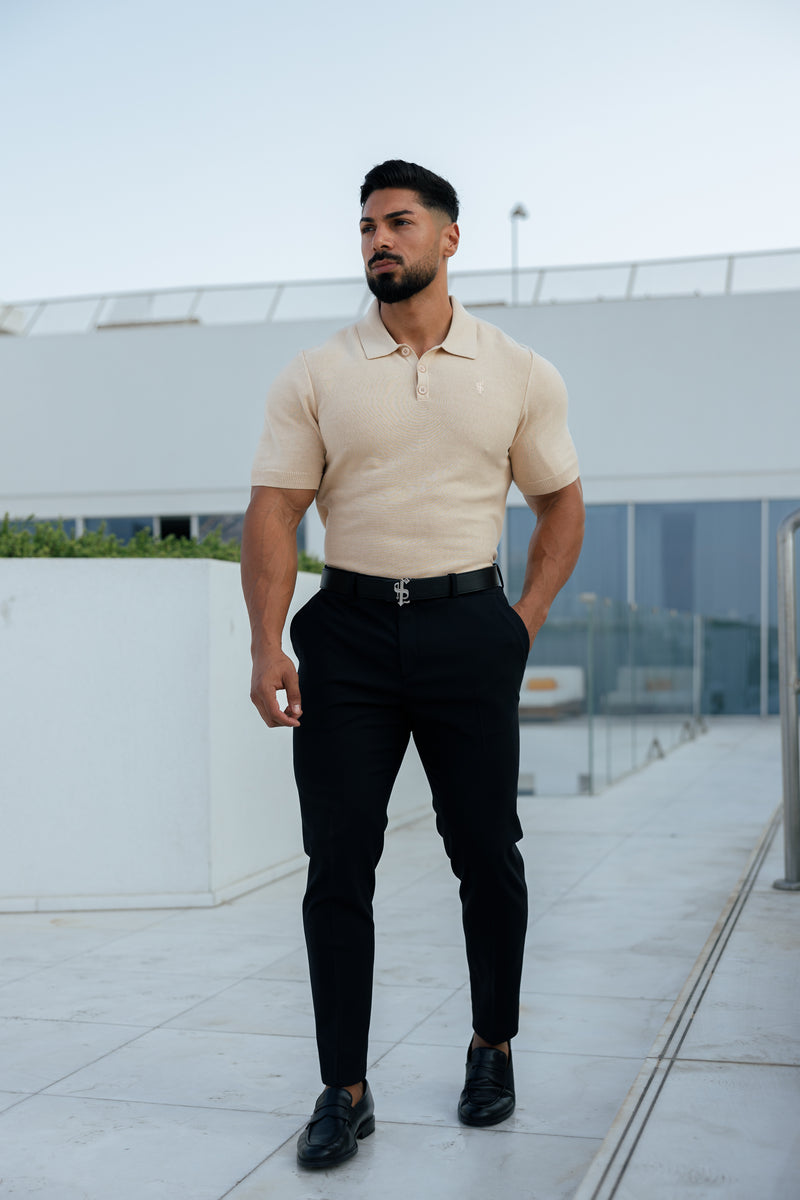 Father Sons Classic Plain Beige Knitted Polo Short Sleeve - FSN111