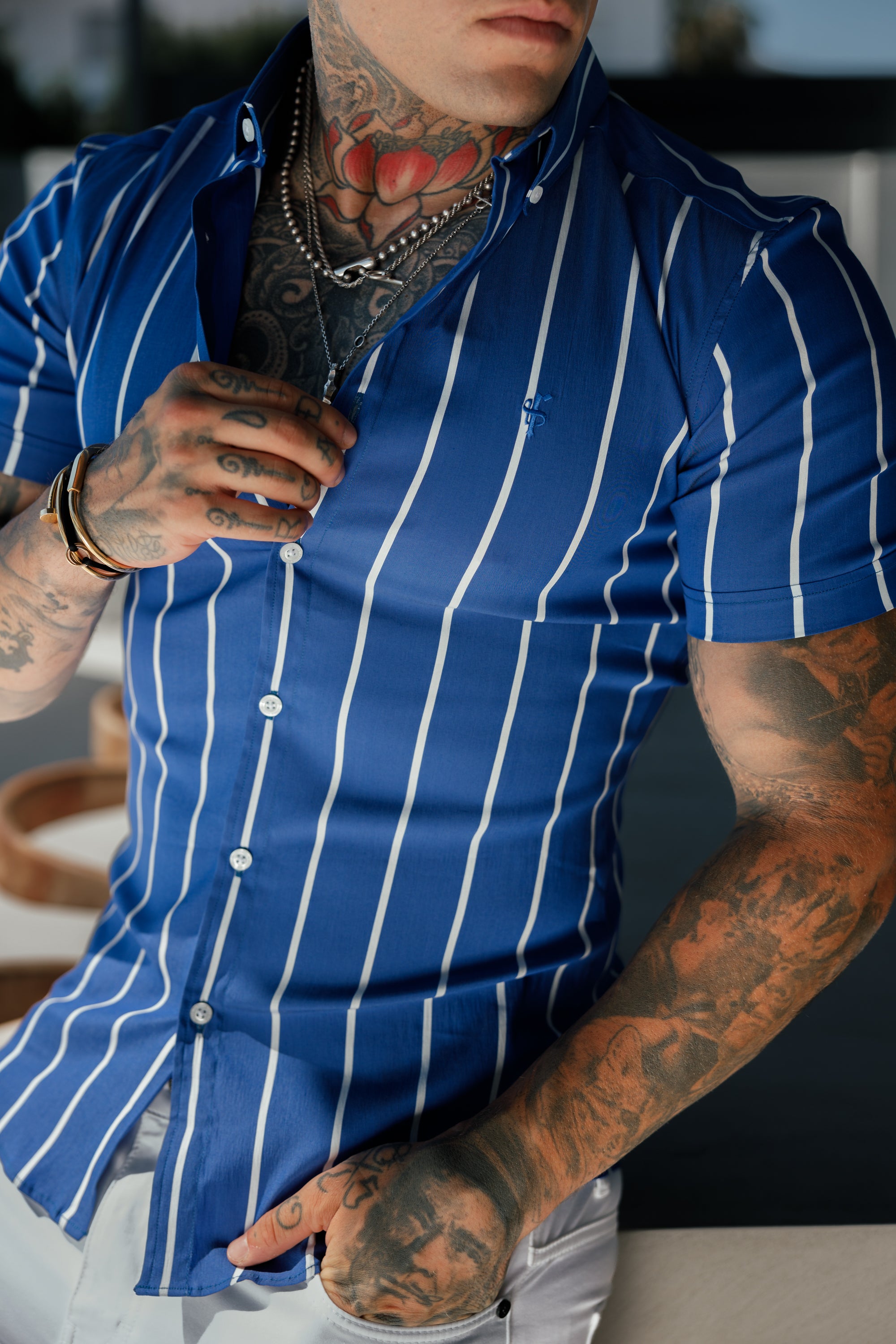 Super Slim Stretch Ocean Blue Printed Wide Stripe Short Sleeve with Button Down Collar - FS1056