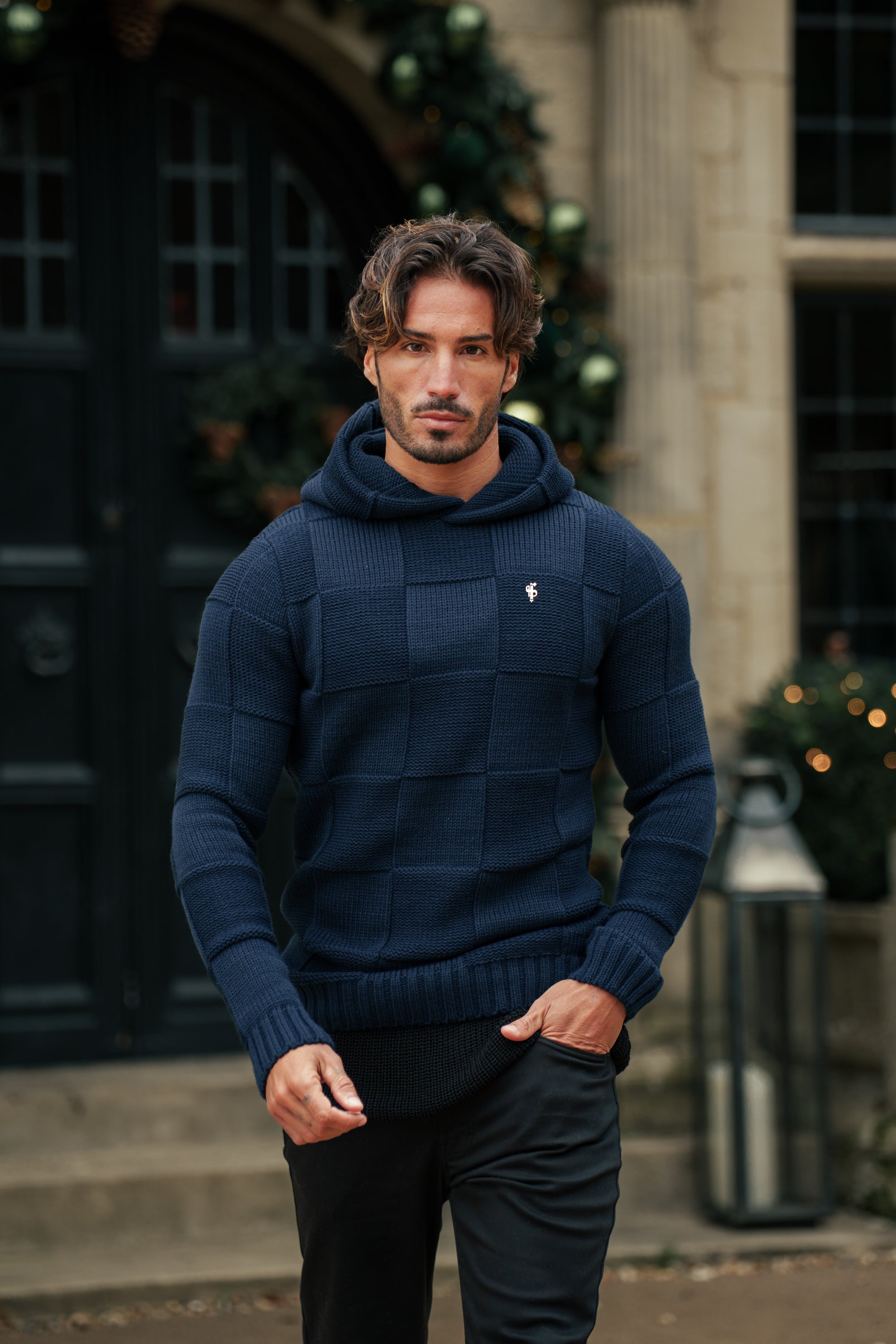 Navy Checkerboard Knitted Hoodie - FSJ138
