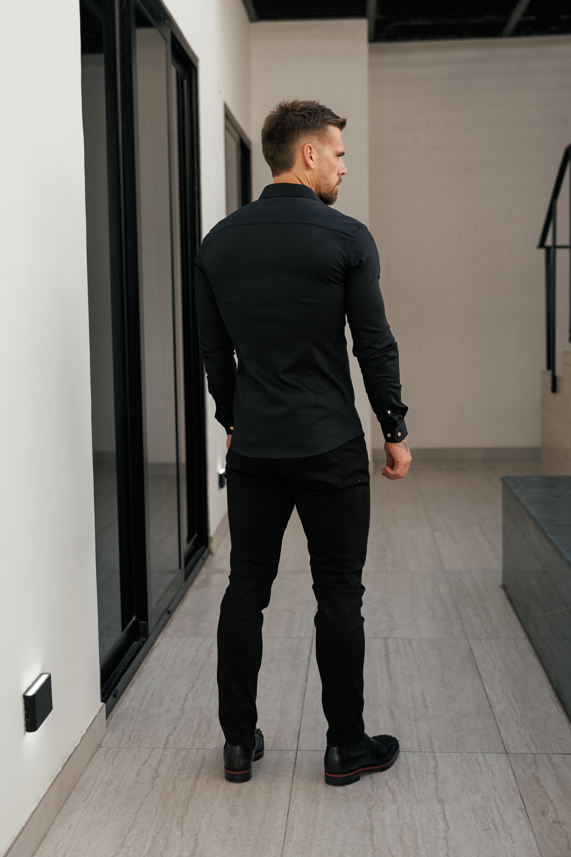Super Slim Stretch Solid Black Denim Shacket with Gold Buttons - FS1238