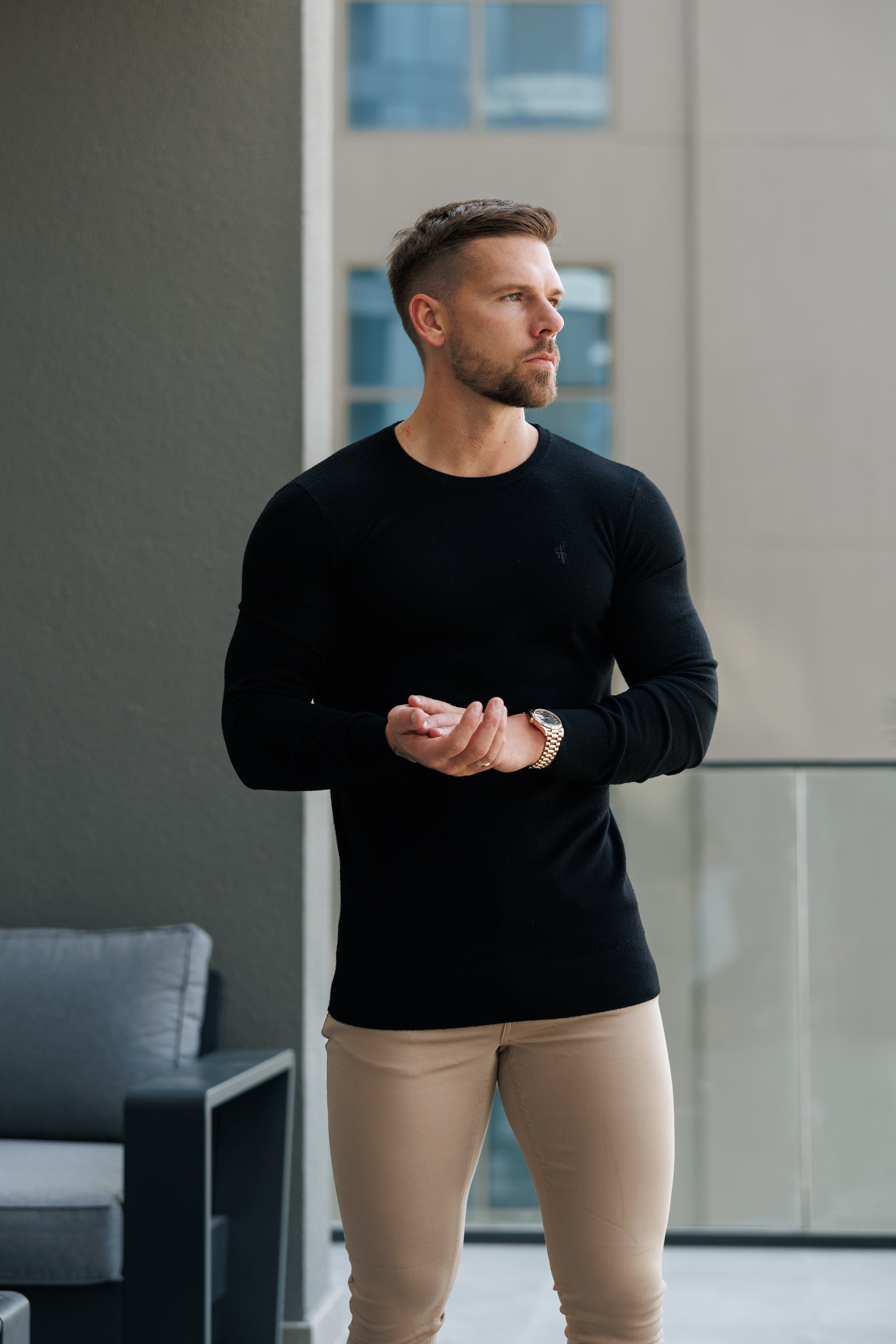 Merino Wool Knitted Crew Jumper Black - FSN178