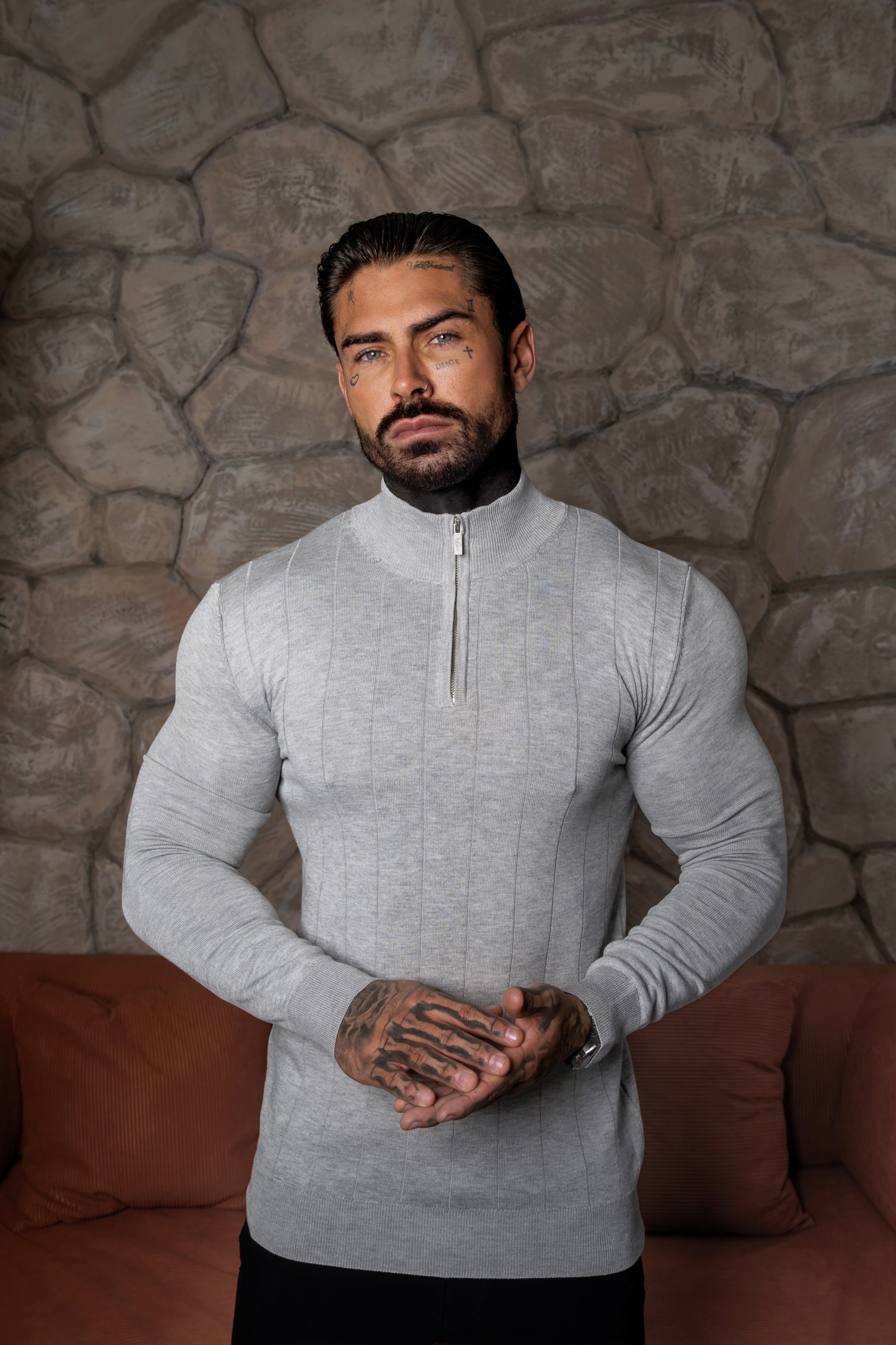 Self Stripe 1/4 Zip Funnel Neck Knit Jumper Silver Grey Long Sleeve  -  FSR051