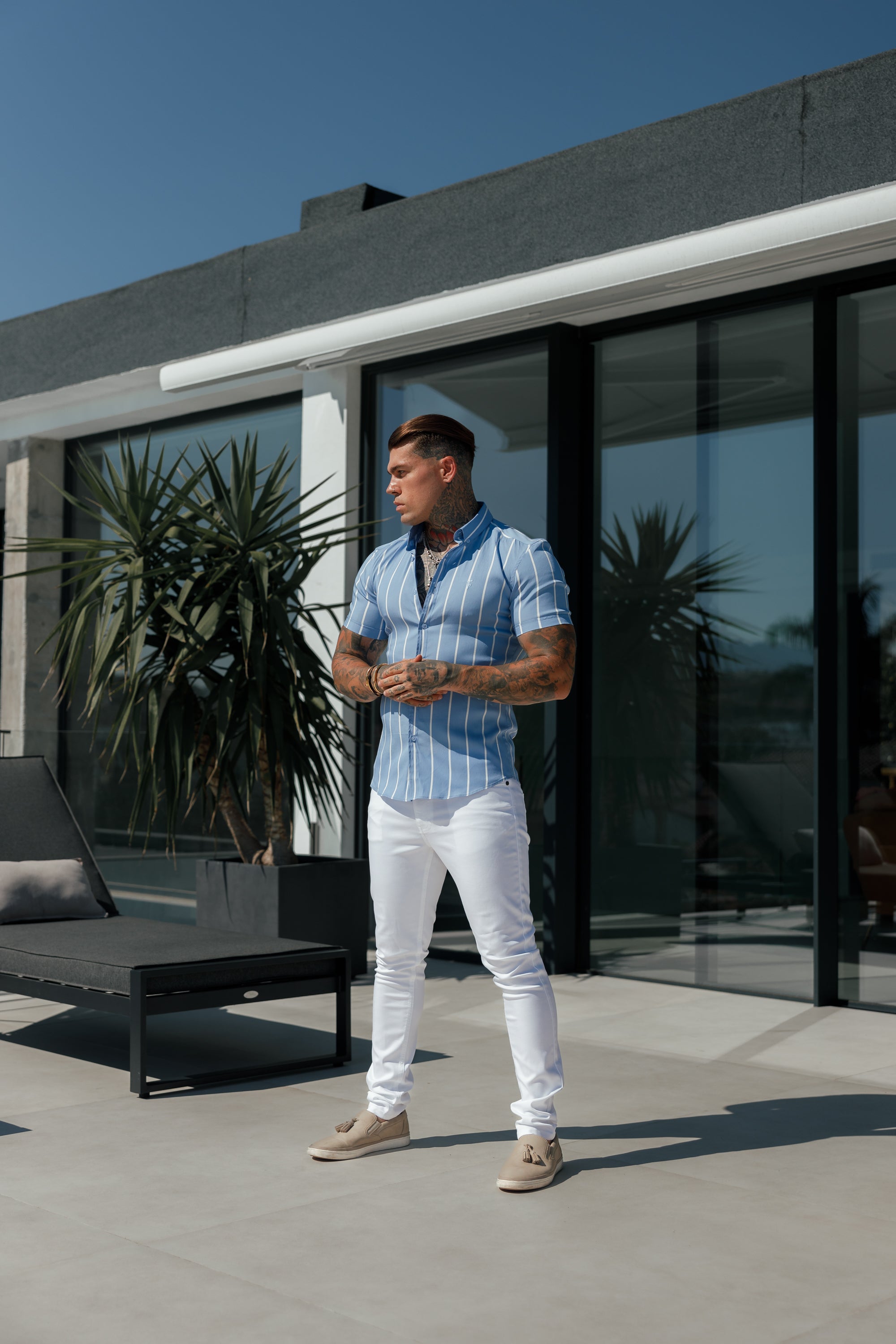 Super Slim Stretch Blue Printed Wide Stripe Short Sleeve with Button Down Collar - FS1054