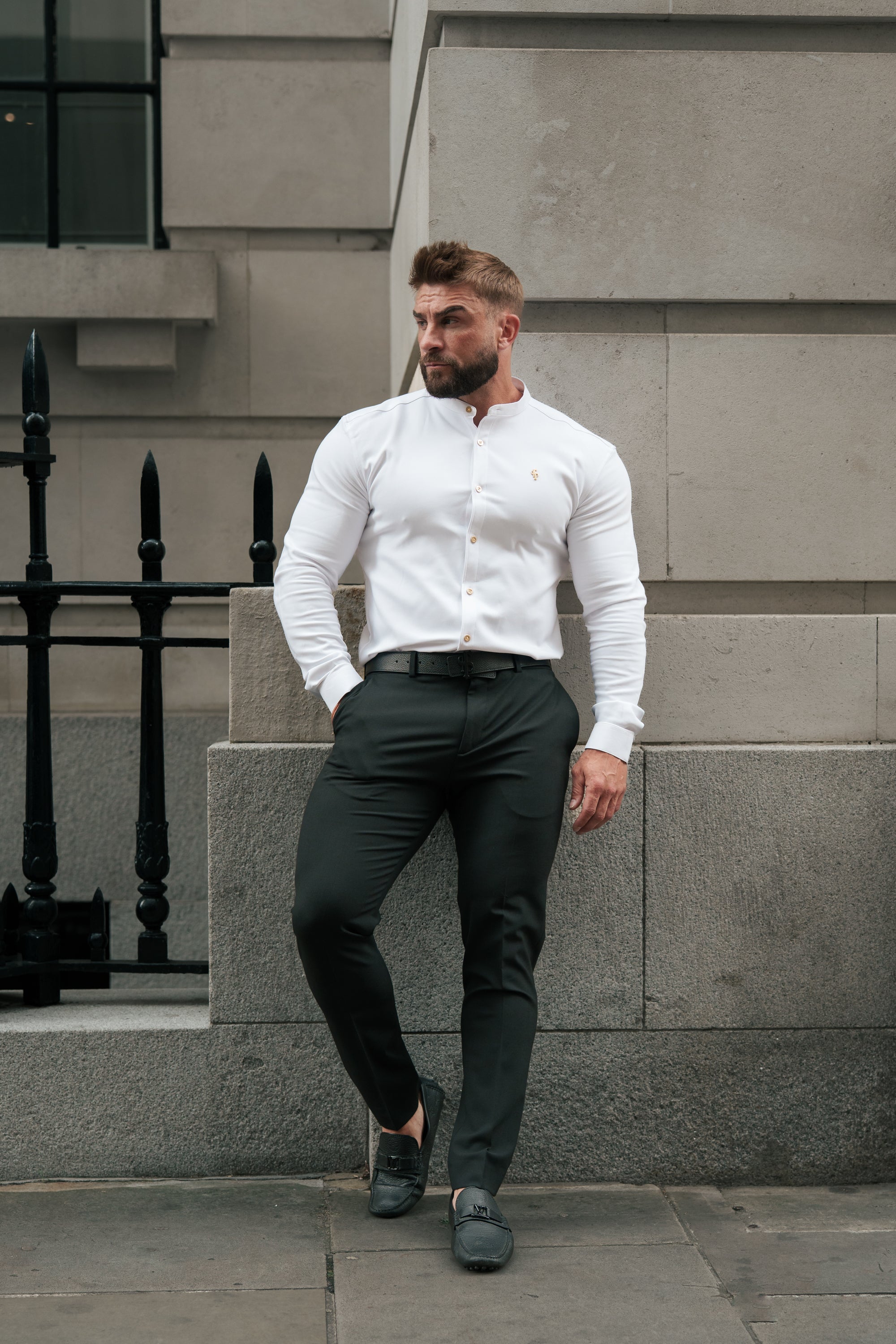 Super Slim Scuba White / Gold Long Sleeve Stretch with Grandad Collar - FS1193