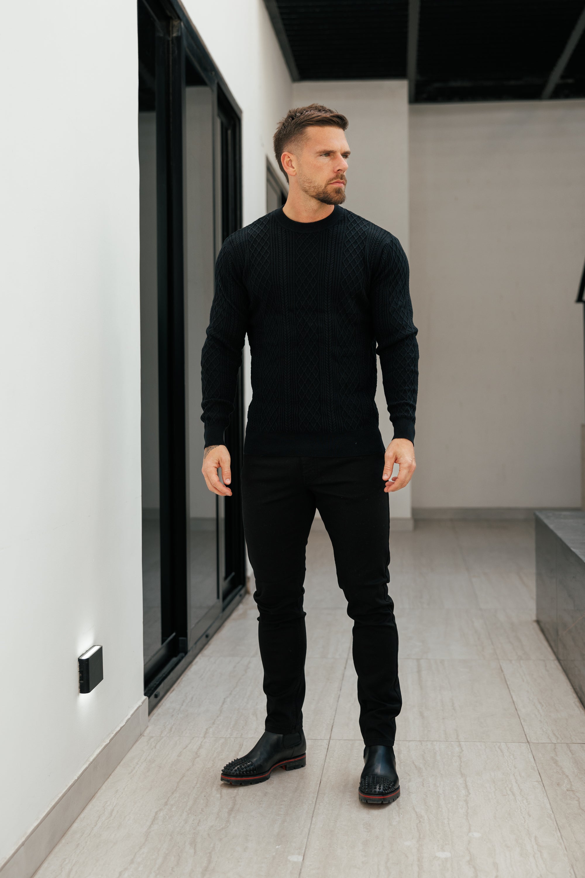Fine Knit Diamond Black Jumper Long Sleeve  -  FSA006