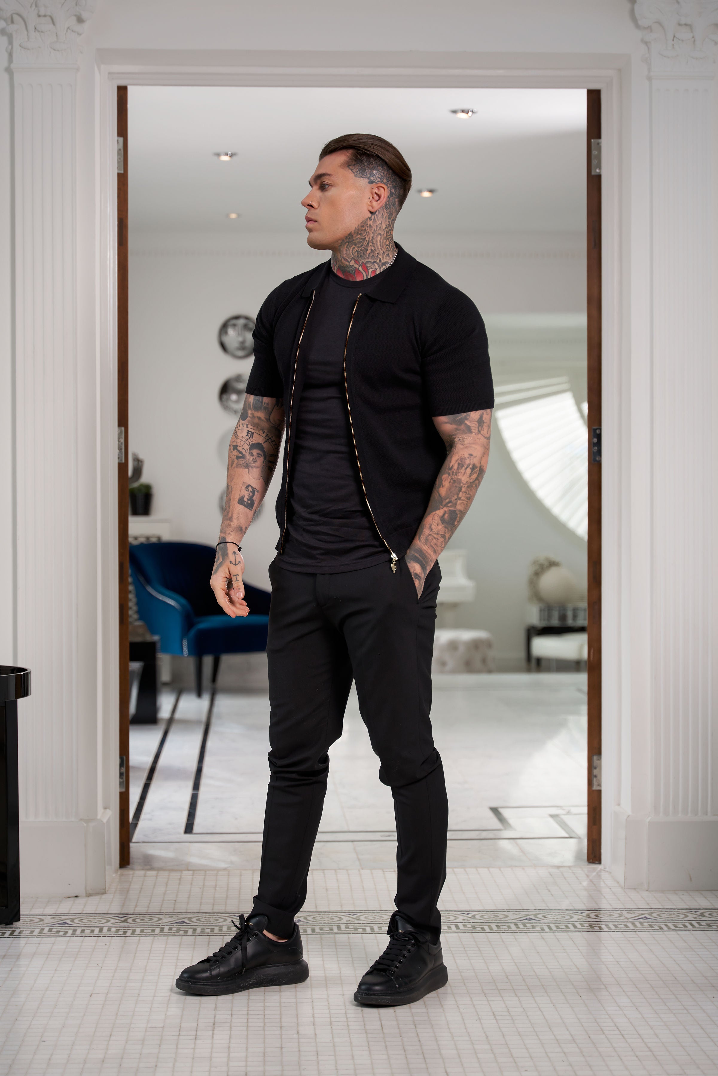 Classic Knitted Textured Design With Full Length Zip Black Short Sleeve - FSN151
