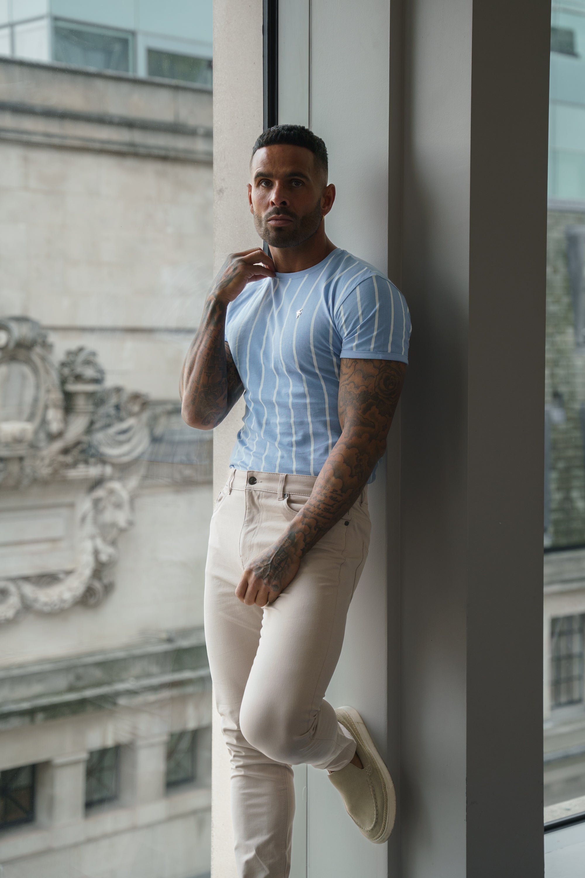 Printed Light Blue / White Stripe Fitted T Shirt - FSH1169