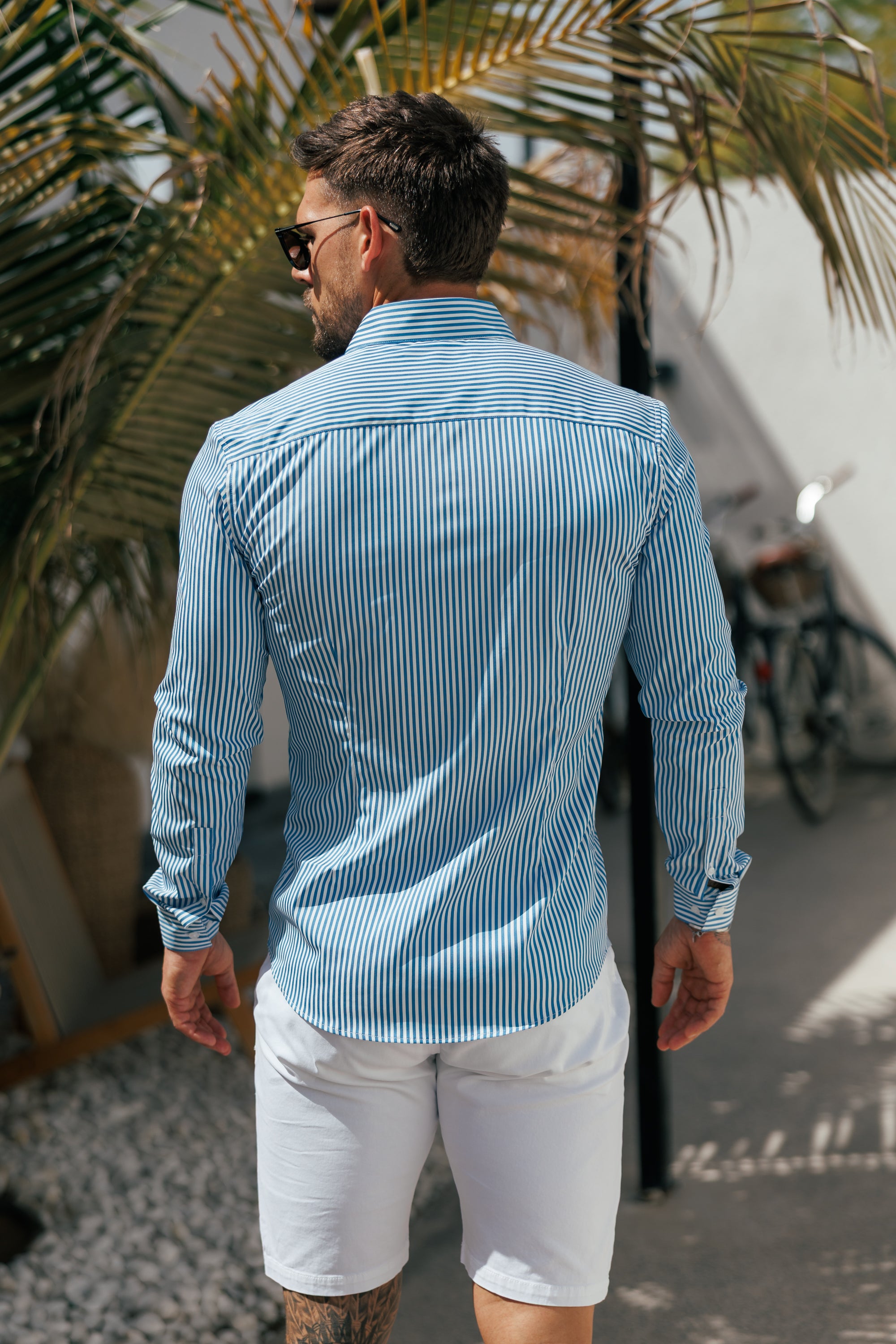 Super Slim Stretch Sateen Touch White / Blue Single Stripe Long Sleeve  -  FS1261 (PRE ORDER 28TH AUGUST)