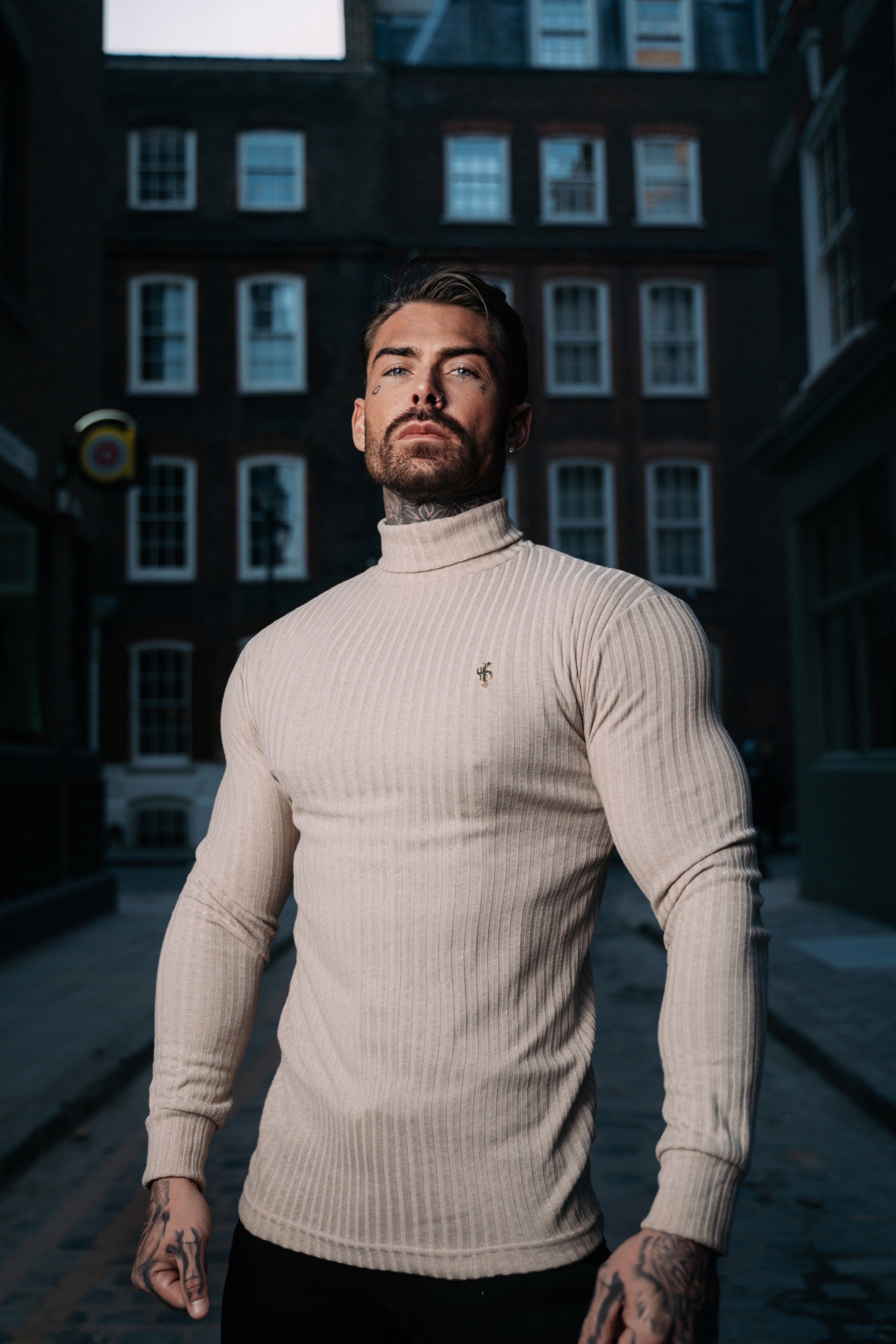 Classic Beige / Gold Ribbed Knit Roll-neck Jumper - FSH960