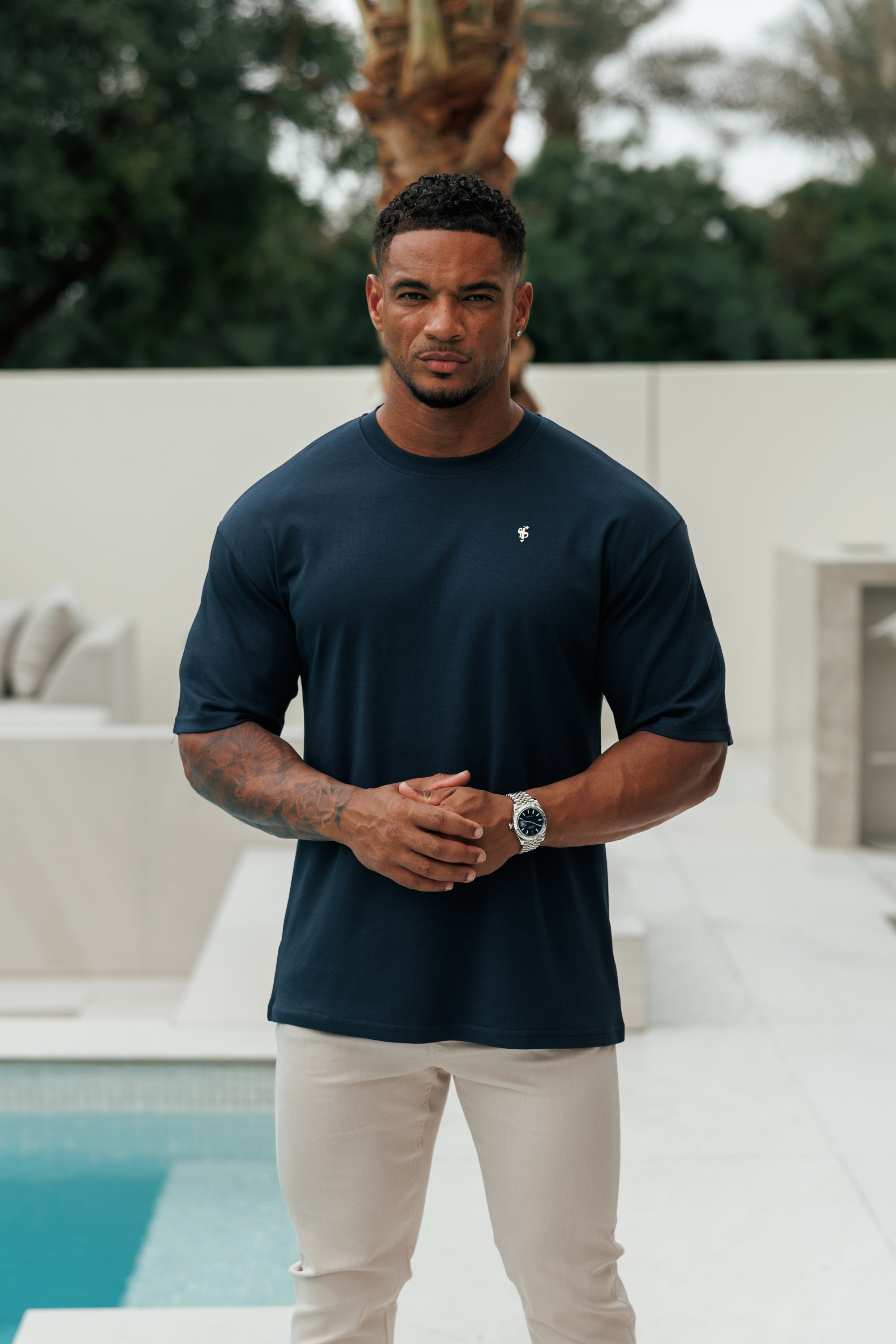 Navy / Gold Oversized Crew T Shirt - FSH1422