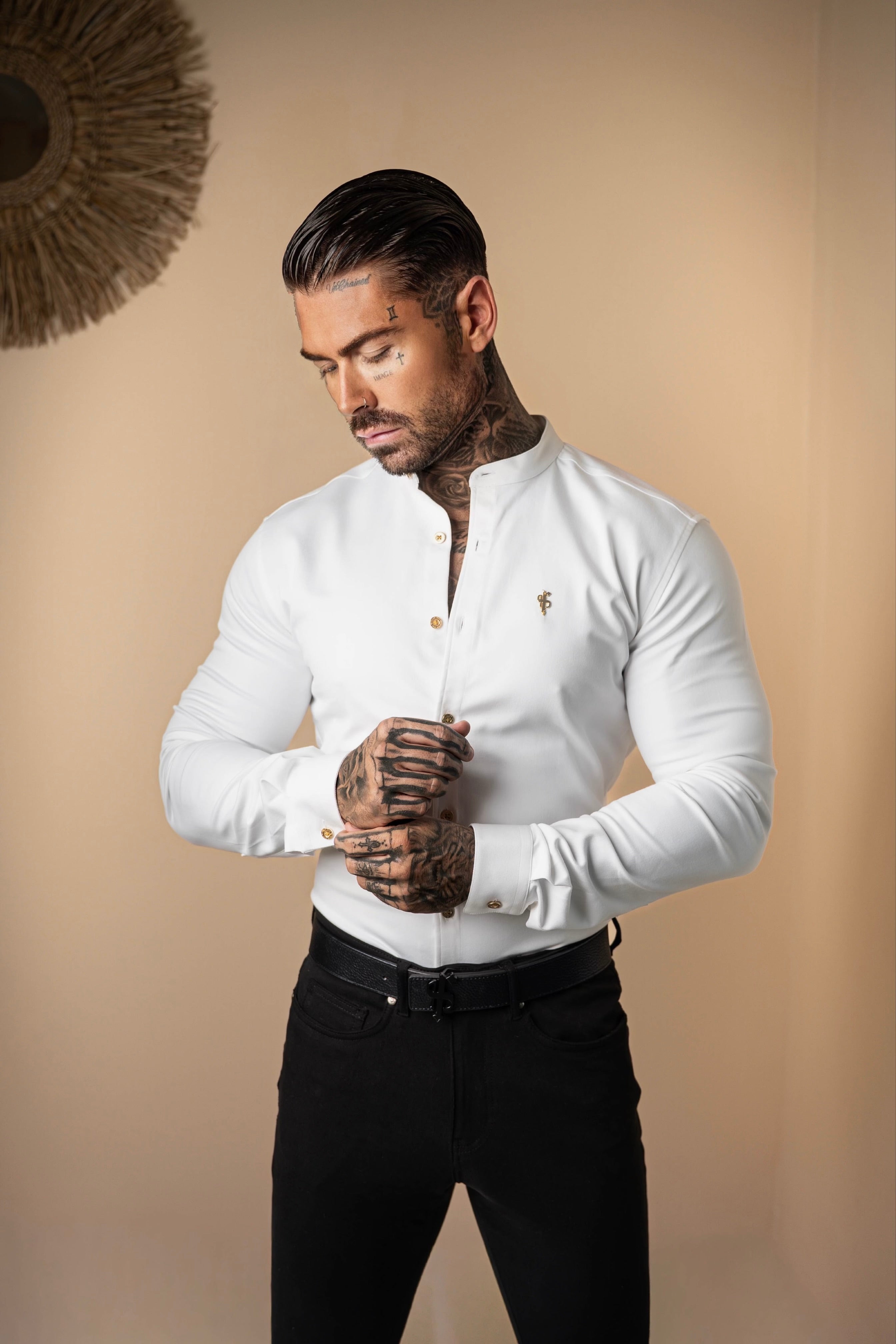 Super Slim Stretch White Denim Long Sleeve Grandad collar with Metal Buttons and Decal Emblem - FS719