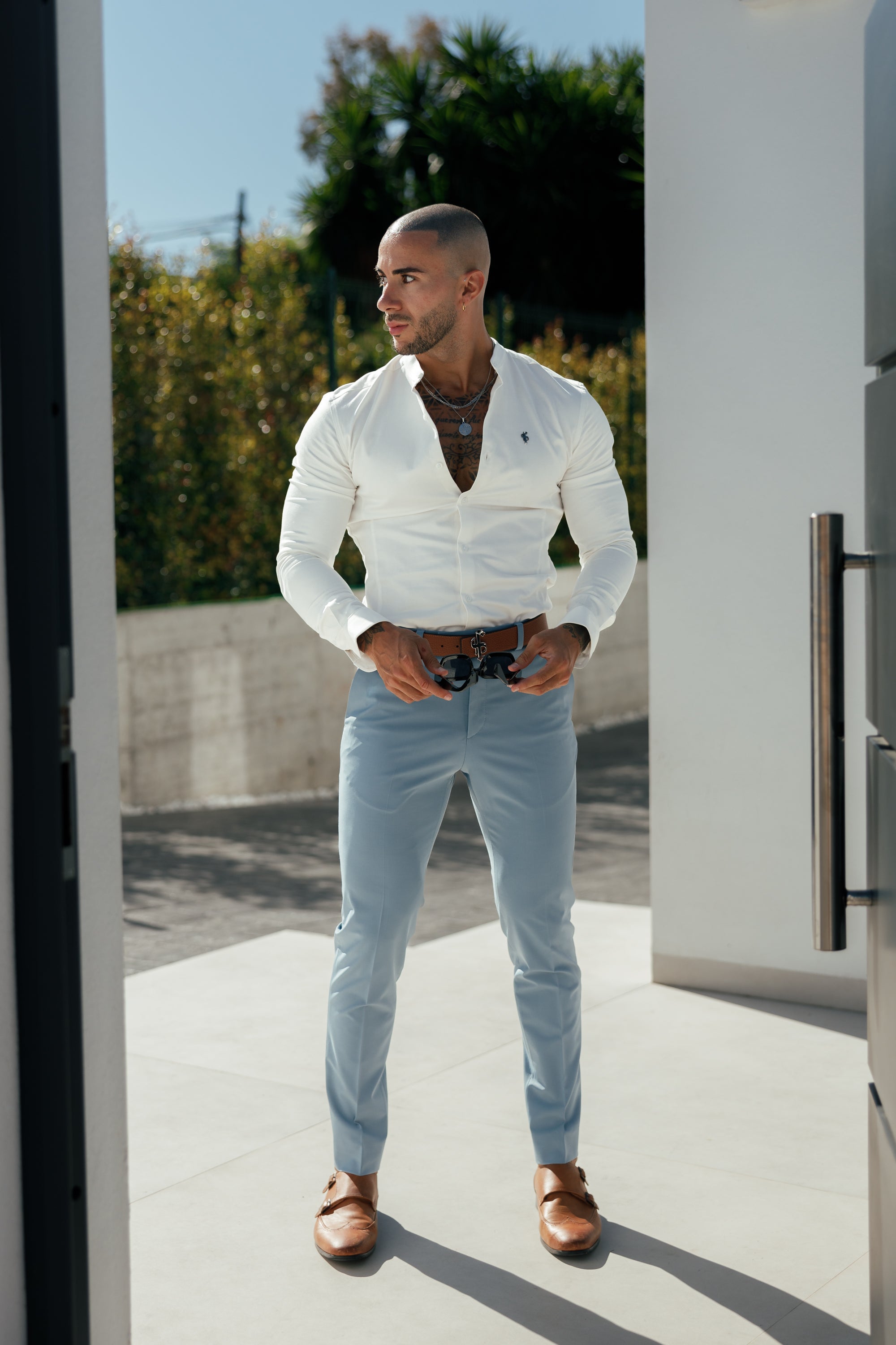 Super Slim Stretch Off White Side Panel Shirt Grandad Collar LS - FS1091