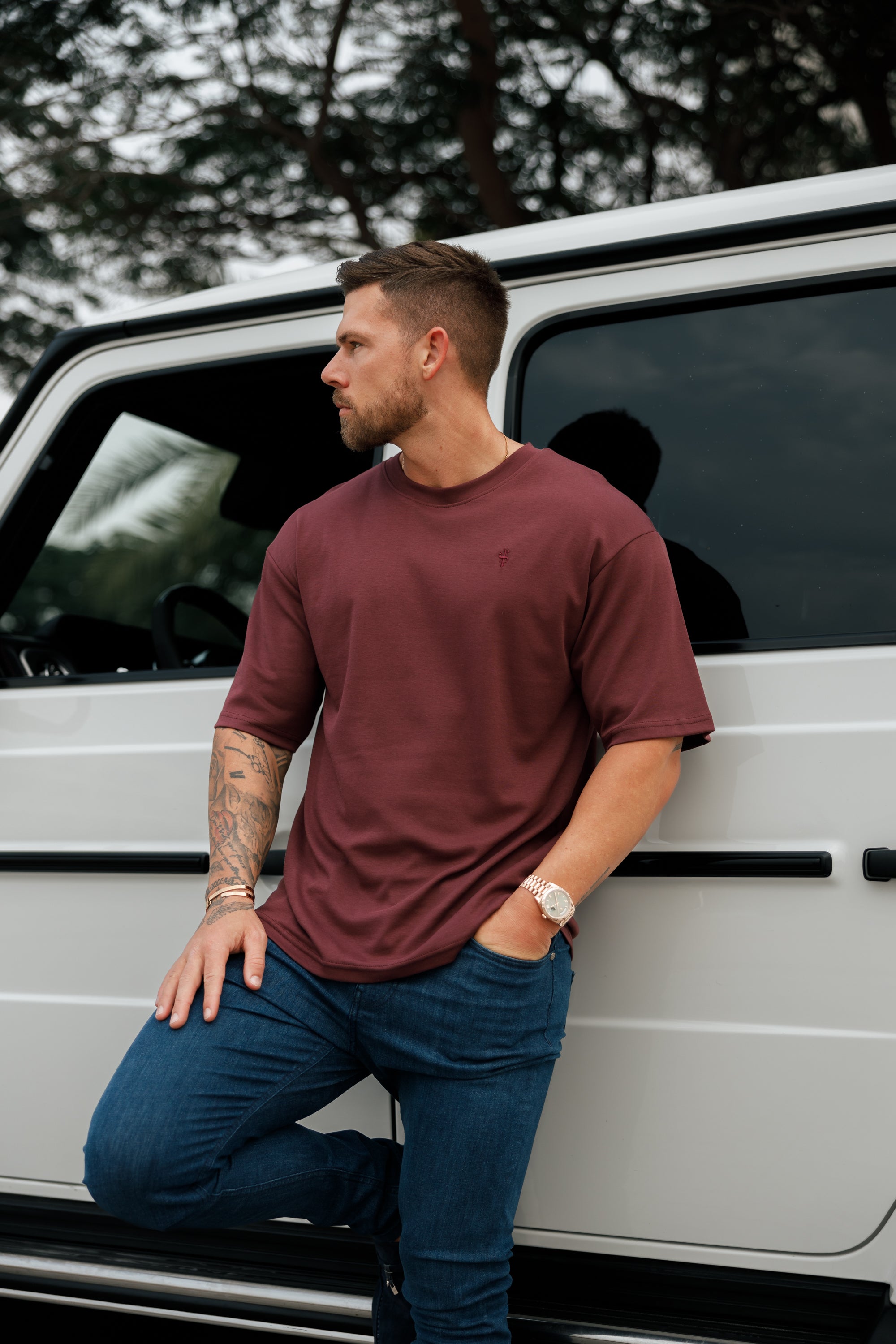 Classic Burgundy Oversized Crew T Shirt - FSH868