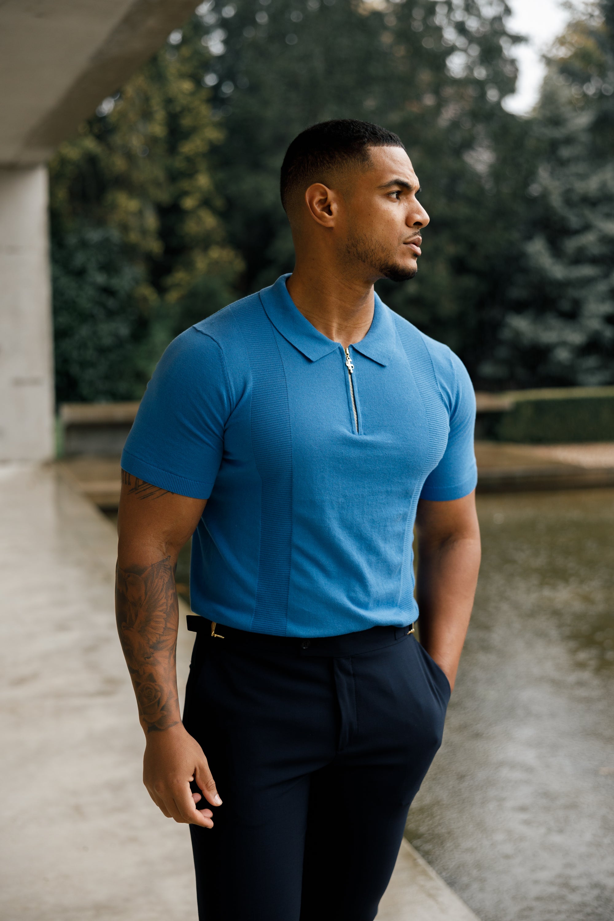 Classic Mid Blue and Gold Zip Knitted Polo Shirt Short Sleeve  - FSN134
