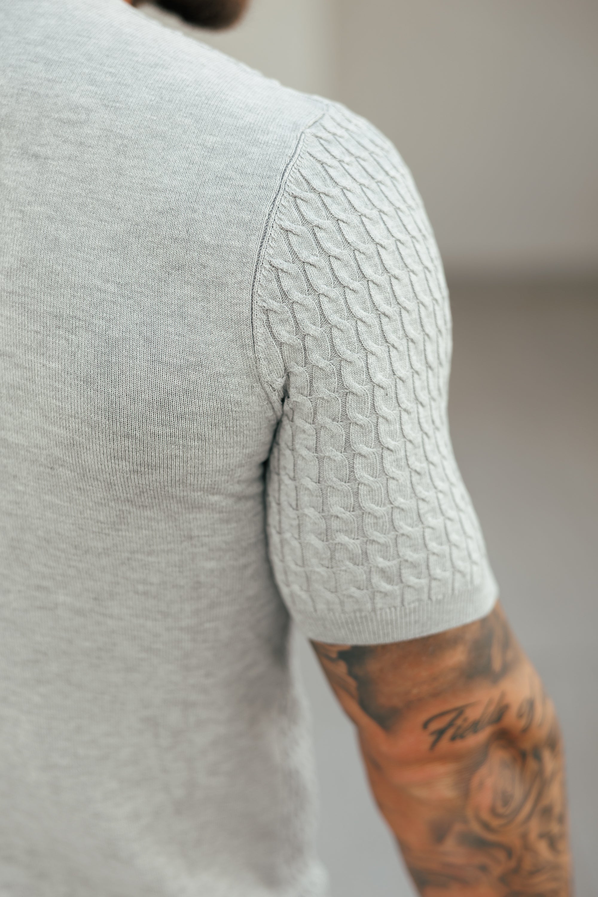 Front Chain Knit Crew Tshirt Silver Grey Short Sleeve  -  FSR056